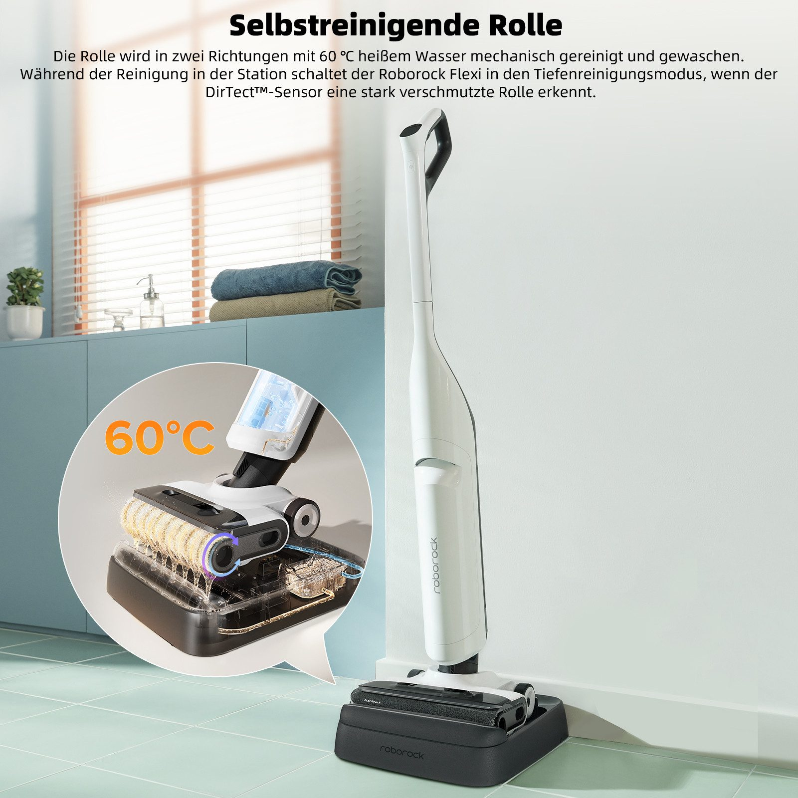 Weißer Reinigungsroboter mit selbstreinigender Rolle, neben Wand. Deutscher Text.