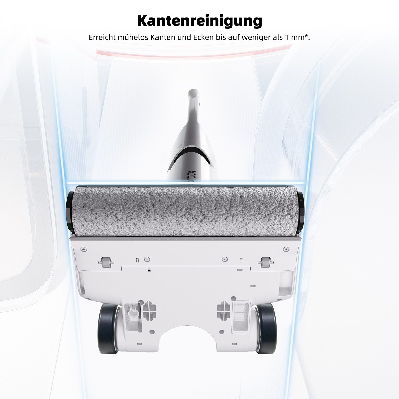 Unteransicht einer weißen und grauen Bodenreinigungsmaschine. Die Walze und die Räder sind sichtbar.