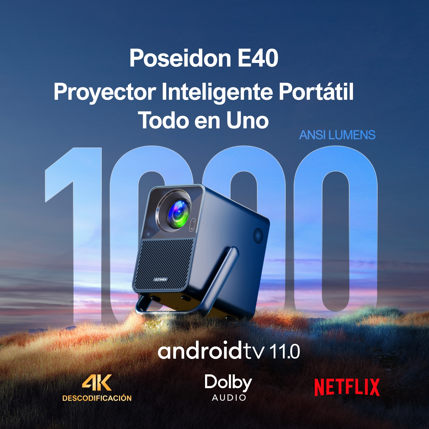 Proyector negro con texto: Poseidon E40, 1000 ANSI Lumens, Android TV, 4K, Dolby Audio, Netflix.