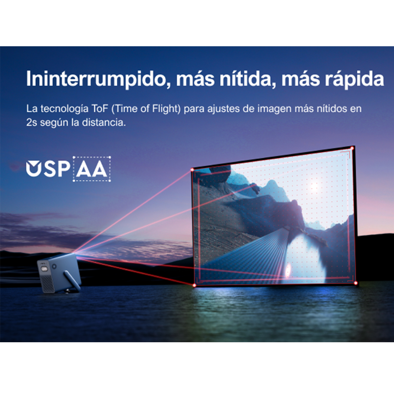 Un proyector con haces láser rojos, proyectando sobre una pantalla con texto.