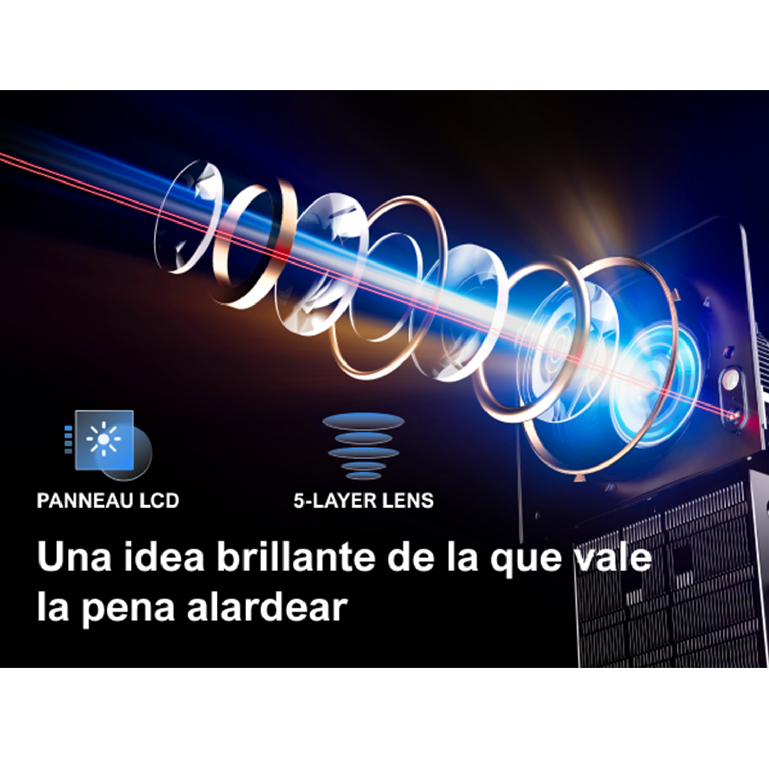 Diagrama de lente de proyector con texto en español. Incluye efectos de luz azul y blanca.