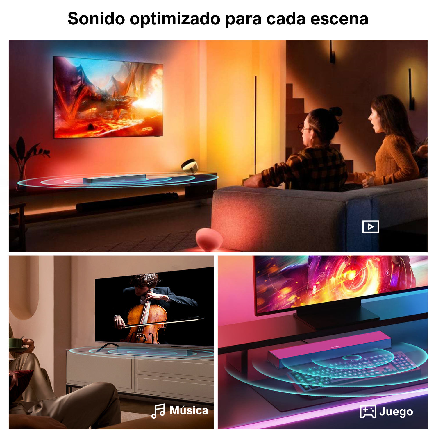 Imágenes de barras de sonido con TV, para música y juegos, con visualizaciones de ondas sonoras.