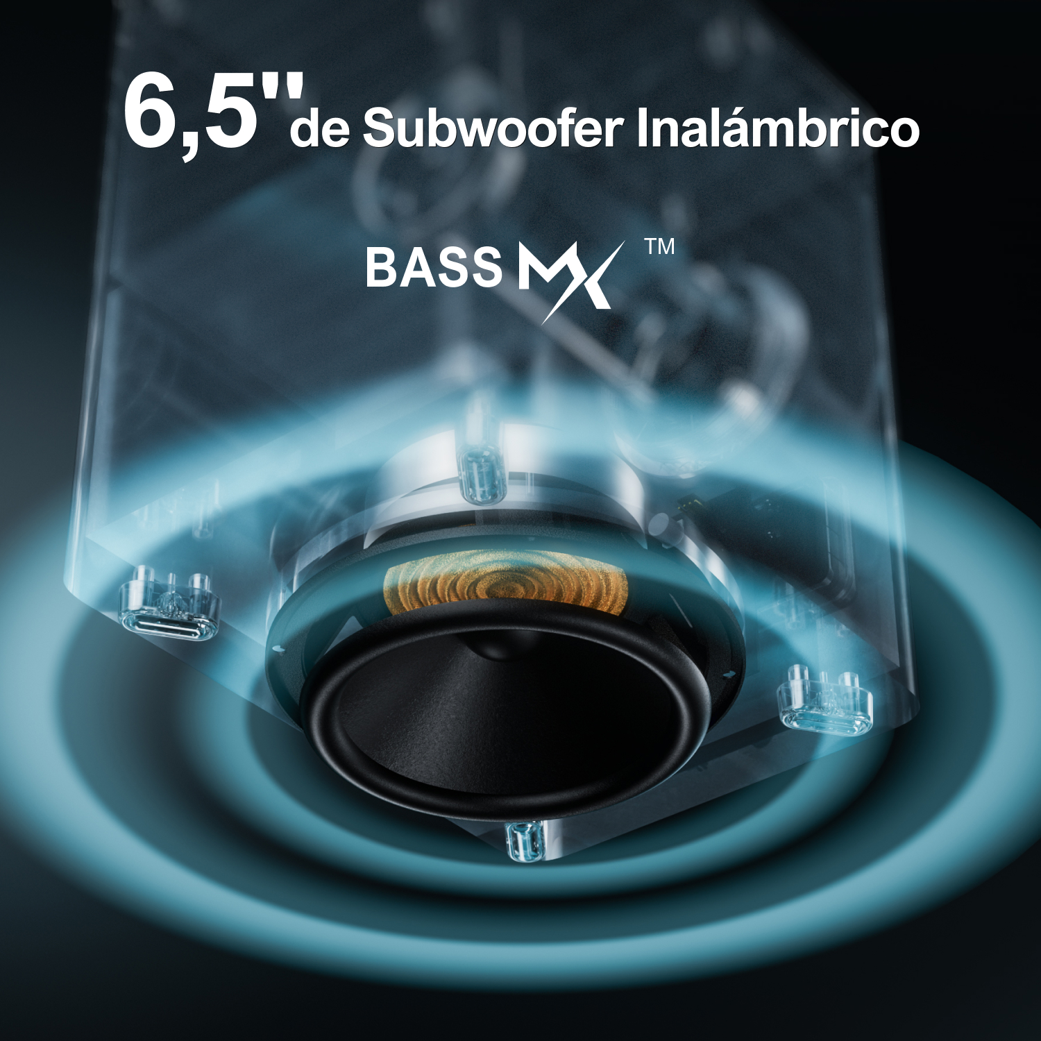 Un subwoofer inalámbrico de 6.5", con un cono de altavoz negro, emitiendo ondas de sonido azules.