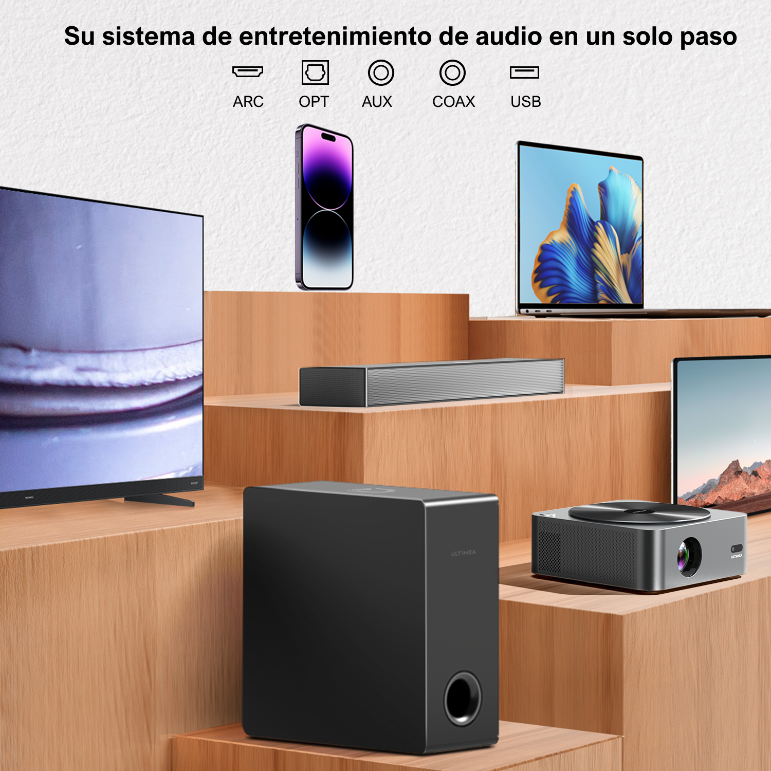 Configuración de entretenimiento con TV, teléfono, barra de sonido, subwoofer, portátil y proyector.