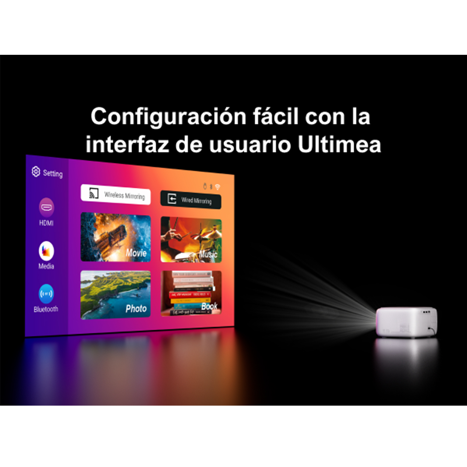 Un proyector mostrando una interfaz de usuario con varias opciones.