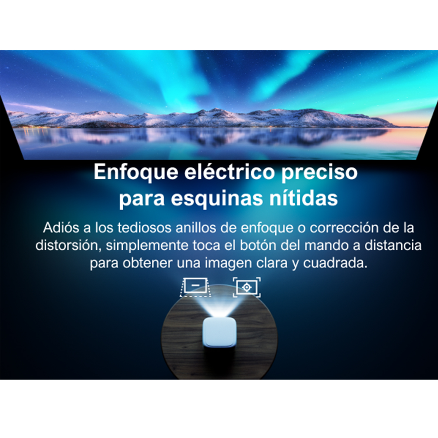 Proyector con texto sobre enfoque eléctrico. Imagen de un proyector en mesa de madera. Fondo azul.