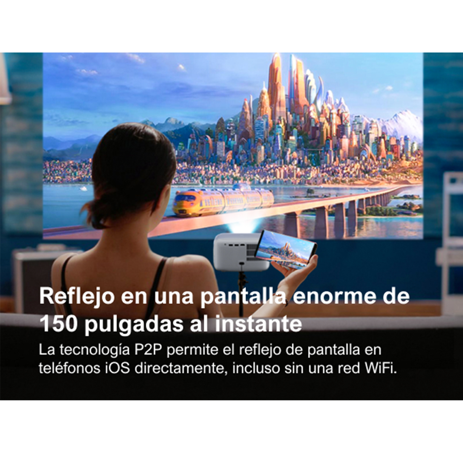 Una mujer viendo una imagen proyectada desde un dispositivo, con texto en español.