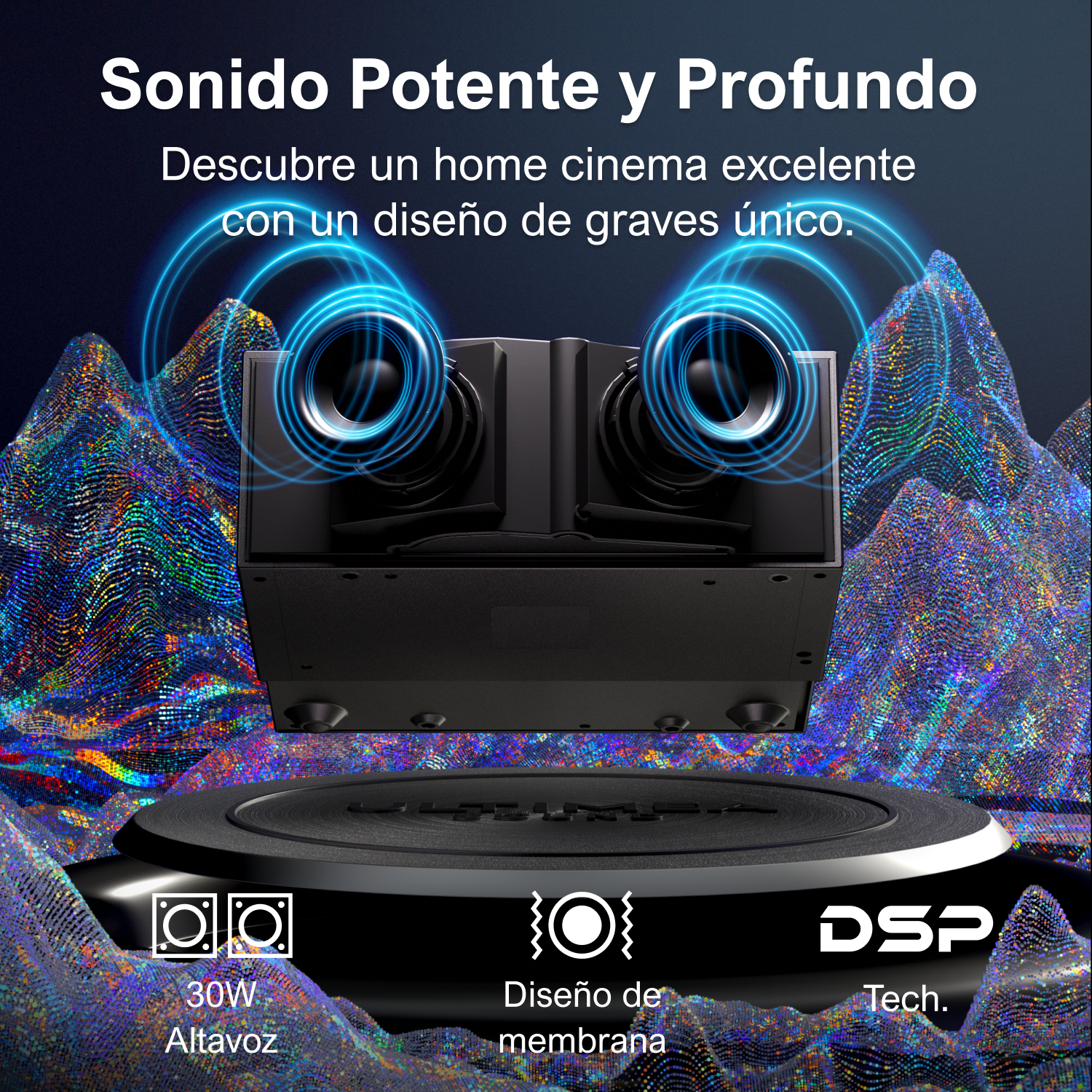 Dos altavoces y un subwoofer. Efectos de ondas sonoras azules. Negro.