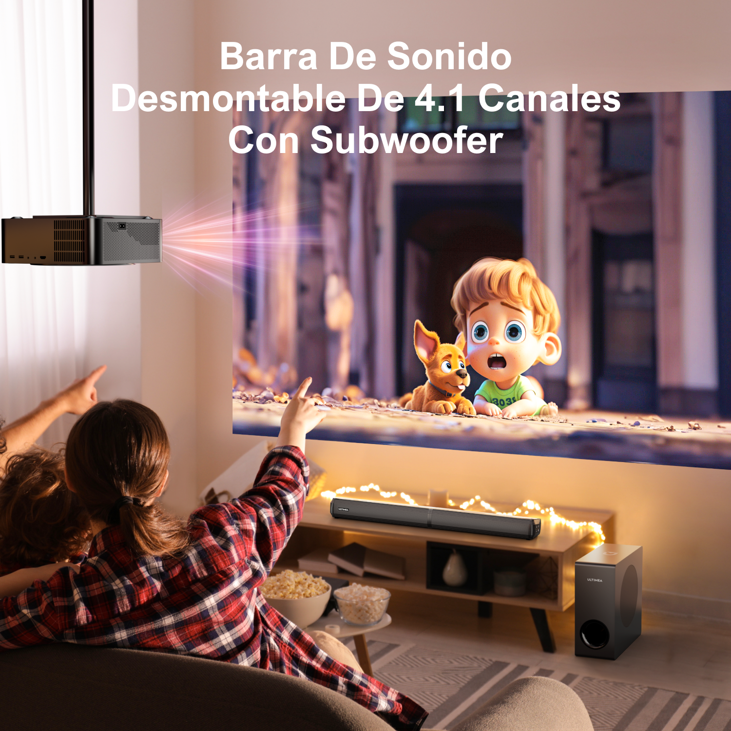 Personas viendo una película proyectada en una pared. Barra de sonido y subwoofer frente a una mesa. Palomitas en la mesa.
