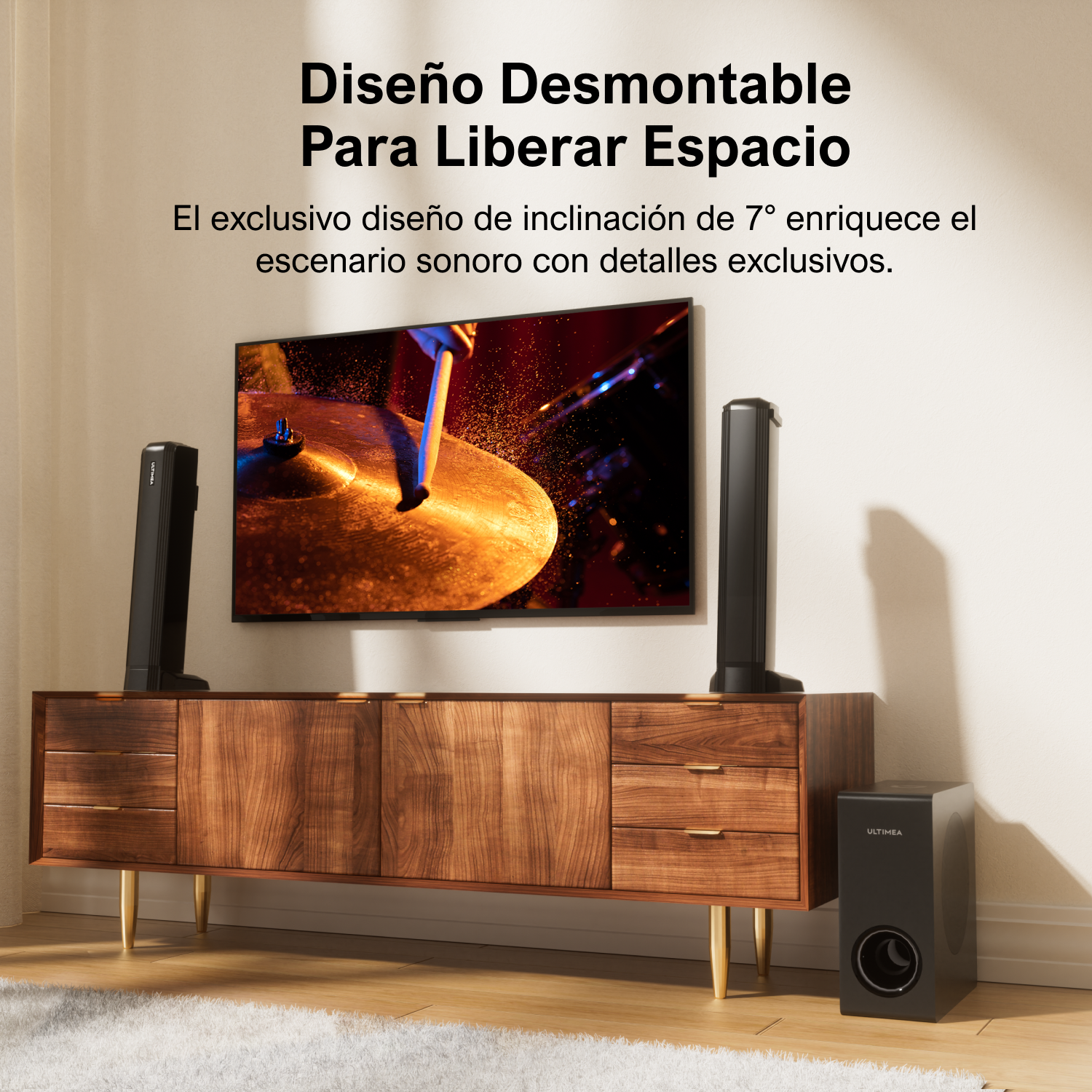 Configuración de cine en casa: TV, altavoces y subwoofer en mueble de madera.