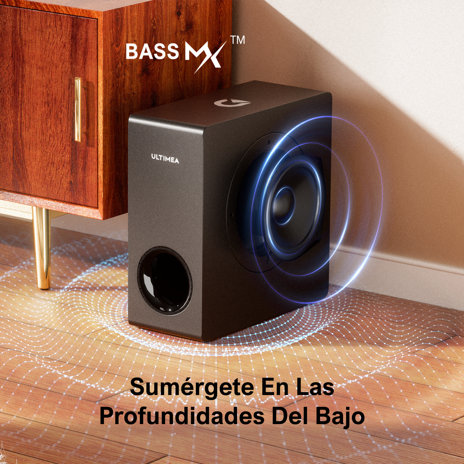 Subwoofer negro con efectos de luz azul. Texto: Bass MX, Ultimea. Rodeando el subwoofer hay un patrón.
