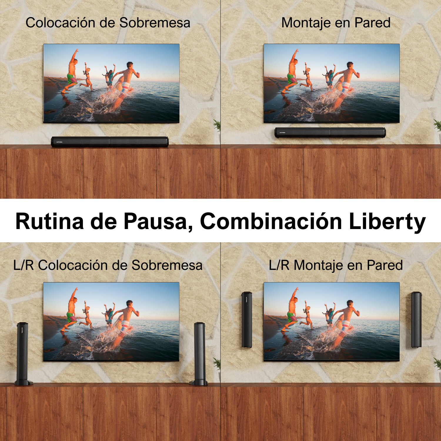 Múltiples pantallas mostrando diferentes configuraciones con altavoces y televisores.