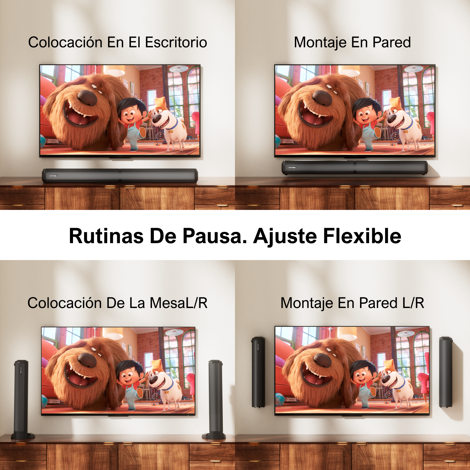 Cuatro imágenes que muestran opciones de configuración de TV. Las imágenes muestran el televisor en un escritorio o montado en la pared.