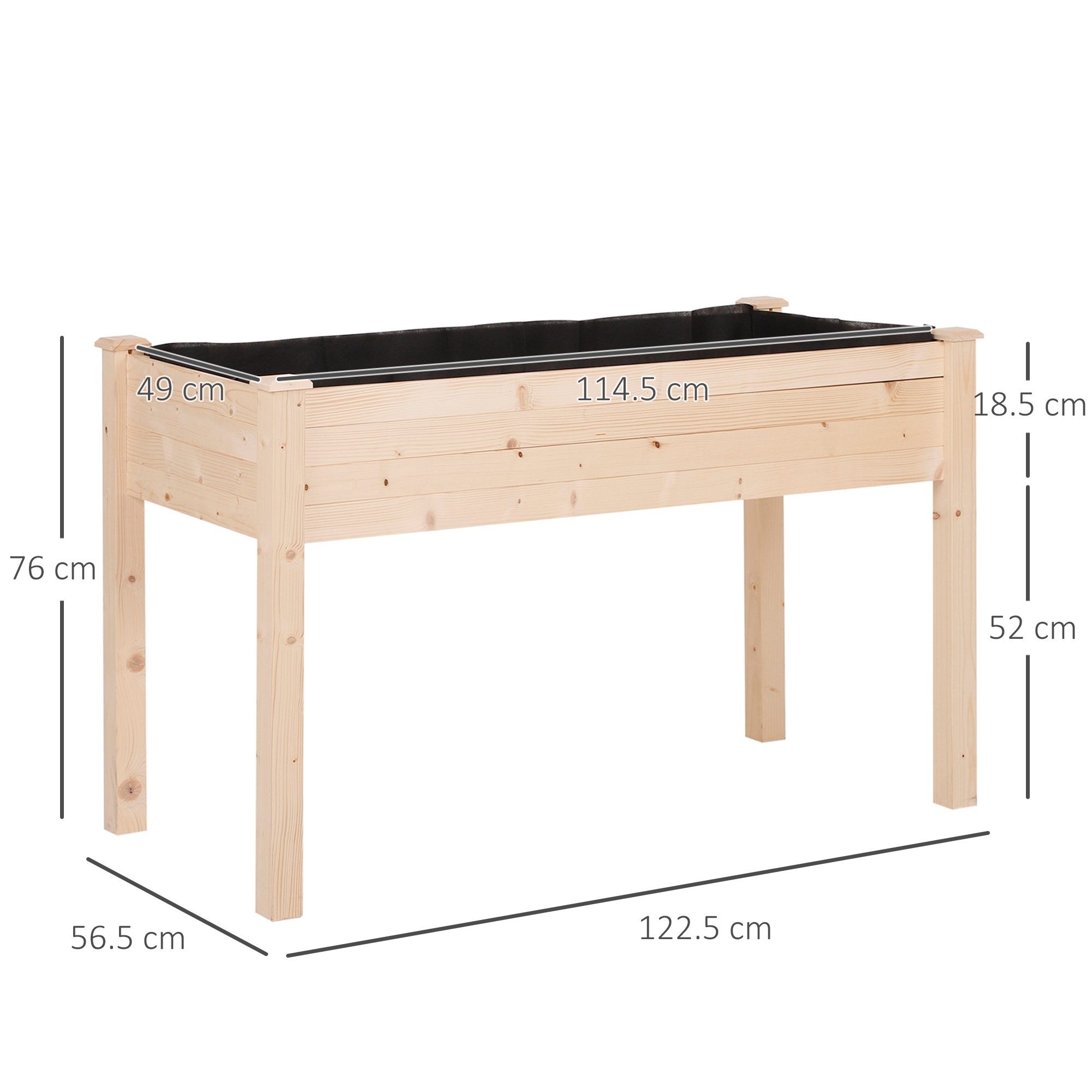 Un'aiuola rialzata in legno con dimensioni e un rivestimento nero.