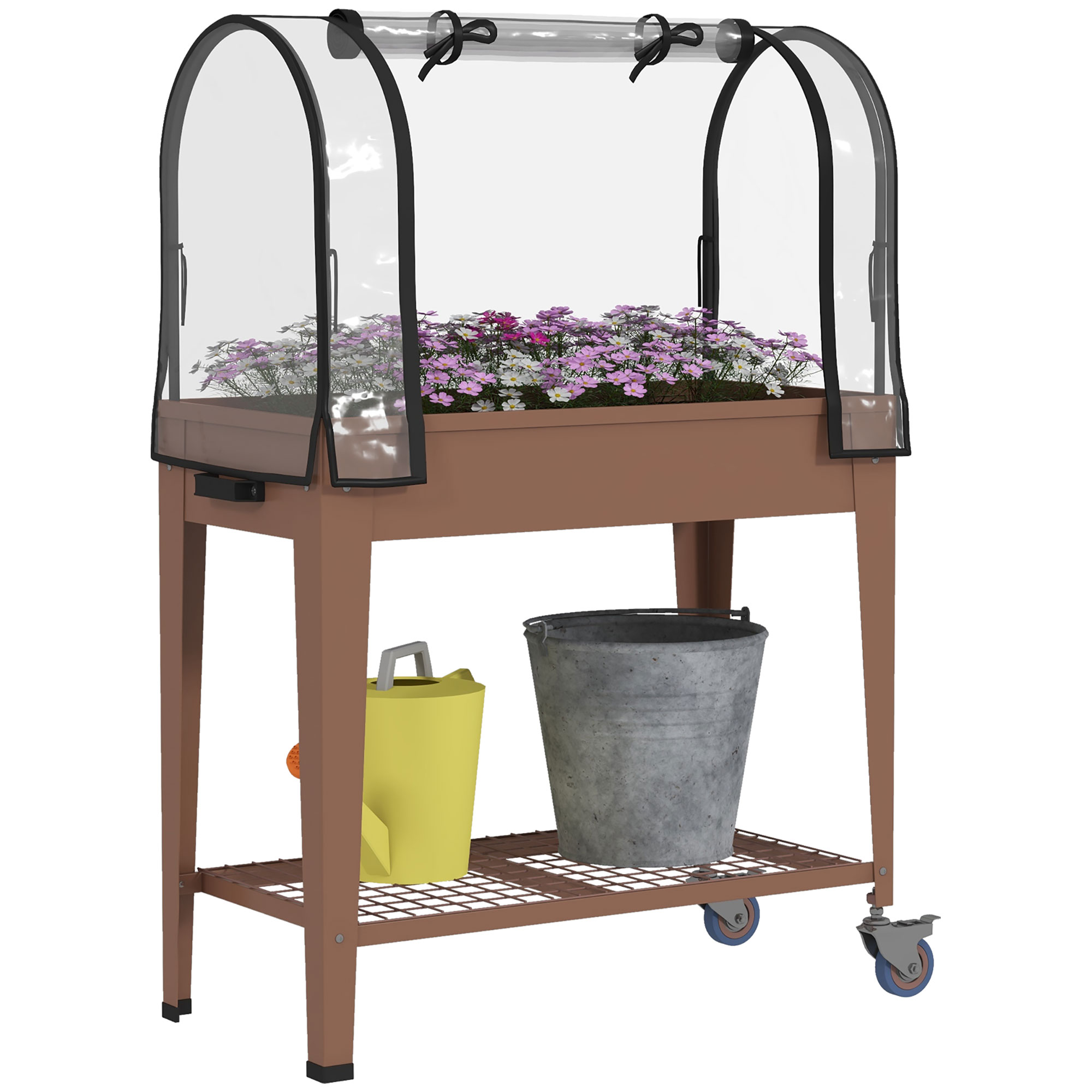 Un'aiuola rialzata con ruote con copertura trasparente, fiori e accessori.