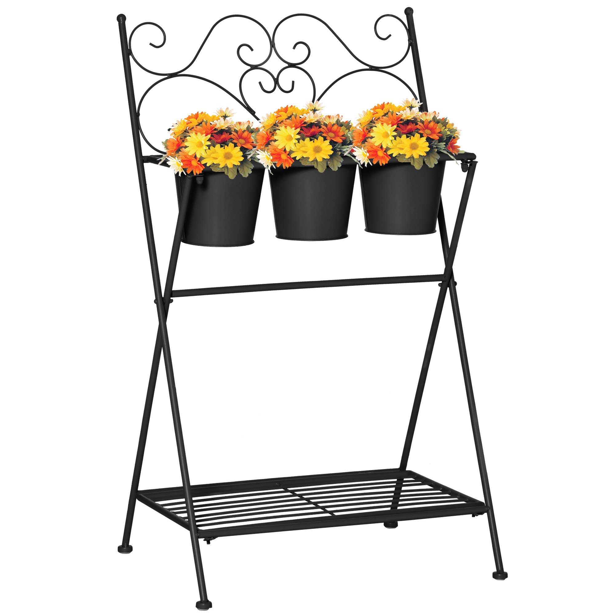 Un supporto per piante in metallo nero con tre vasi di fiori, ognuno con fiori colorati.