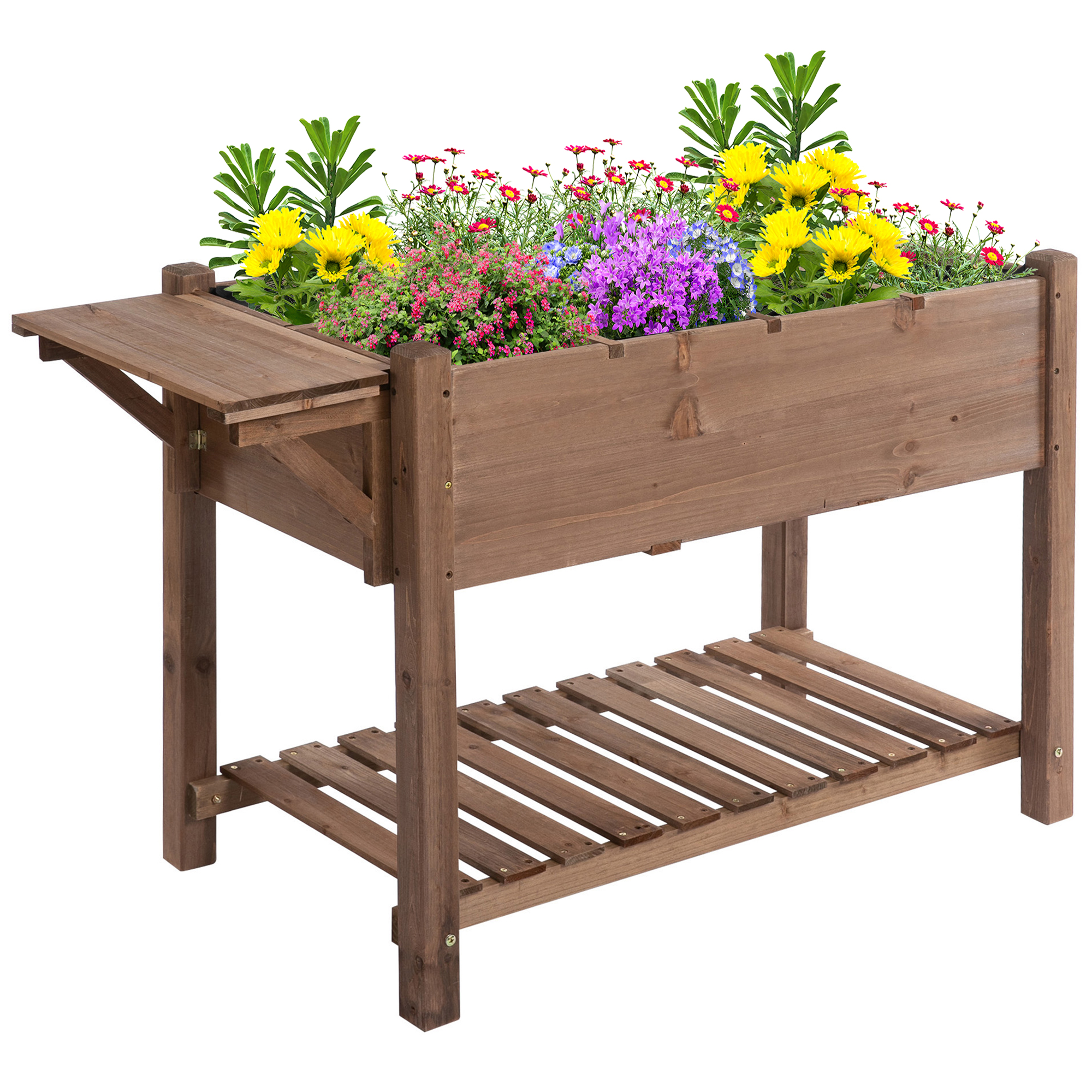 Una fioriera in legno piena di fiori colorati. Ha un tavolino laterale e un ripiano inferiore.