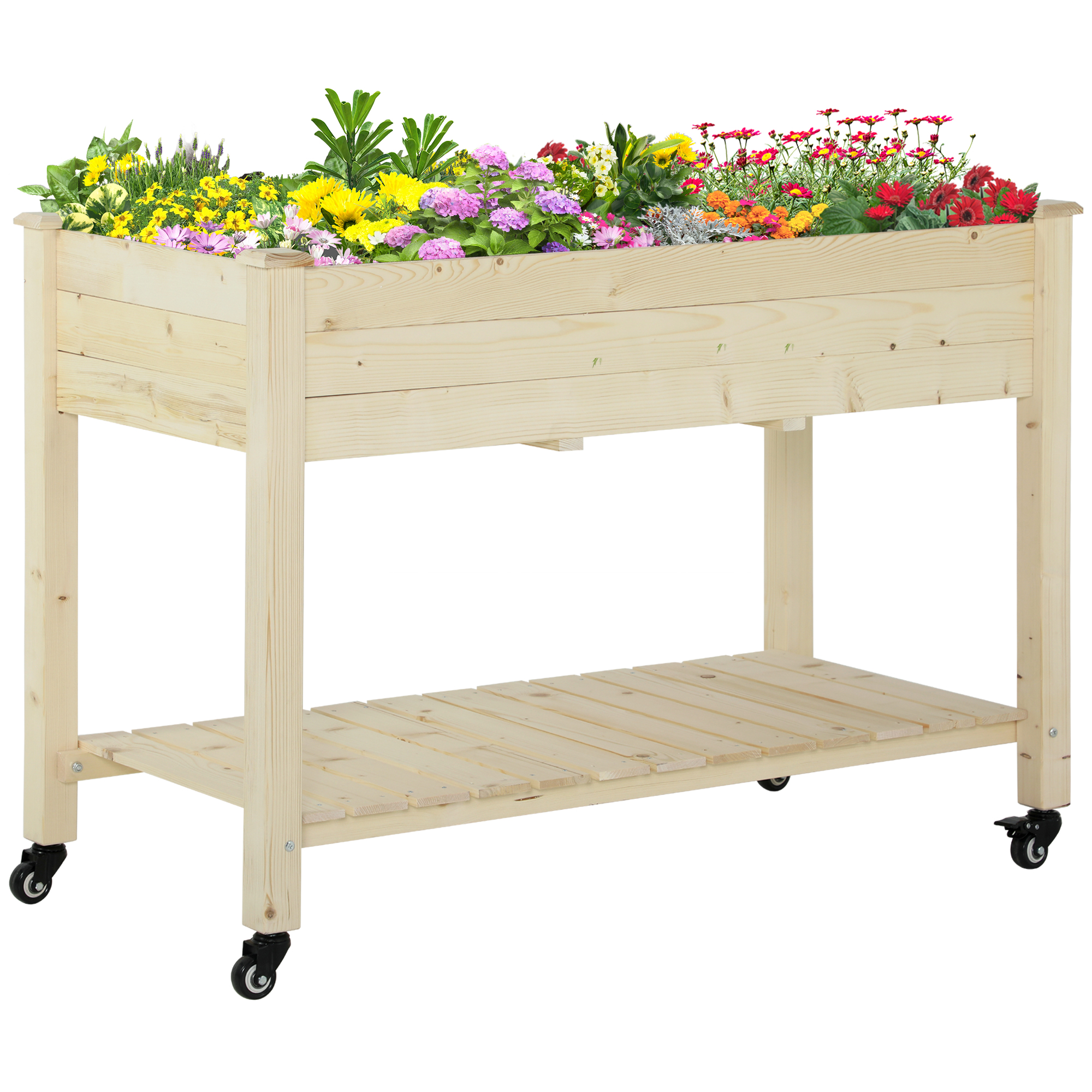 Un'aiuola rialzata in legno su ruote piena di fiori colorati su sfondo bianco.
