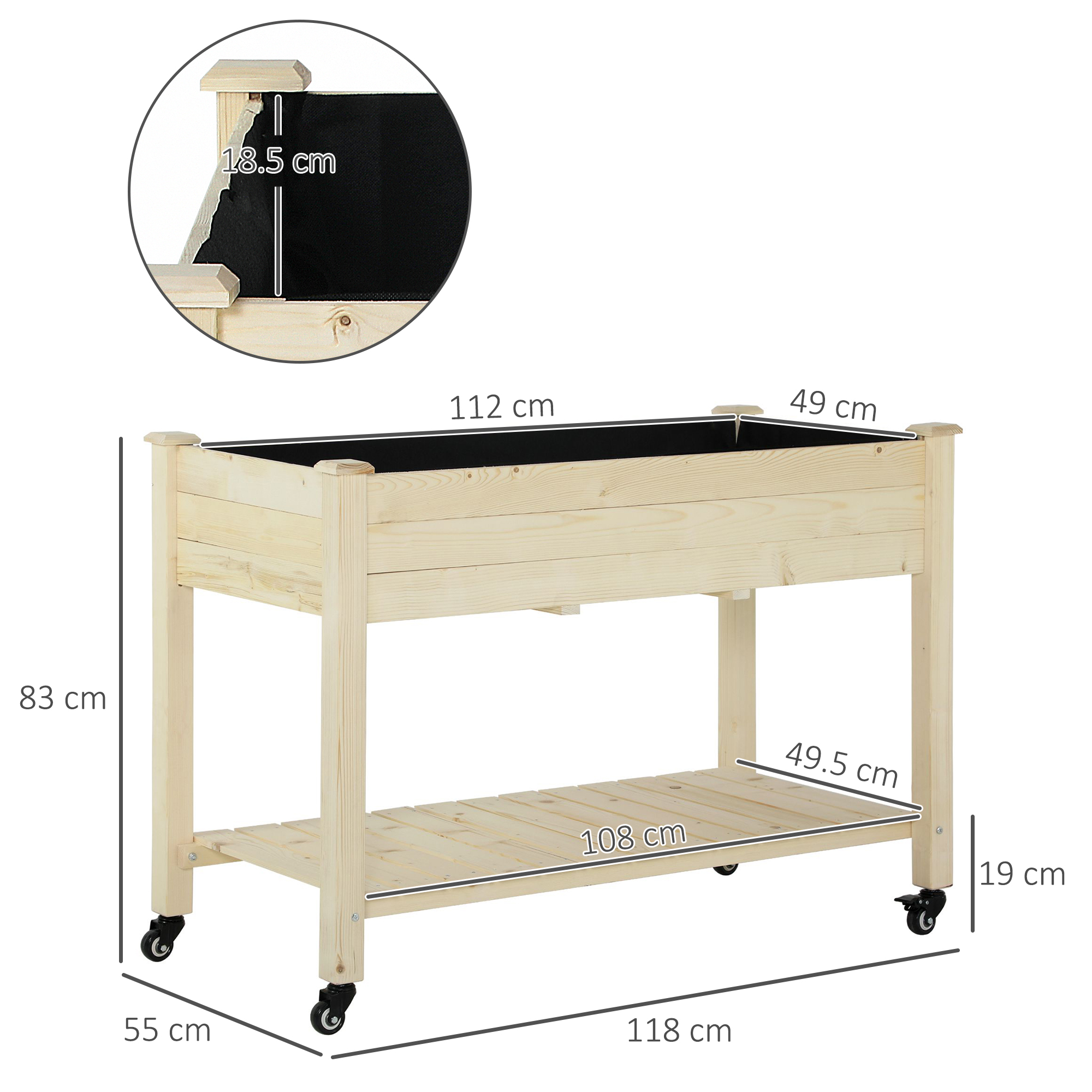 Aiuola rialzata in legno con dimensioni indicate, ruote e ripiano, rivestimento nero all'interno.