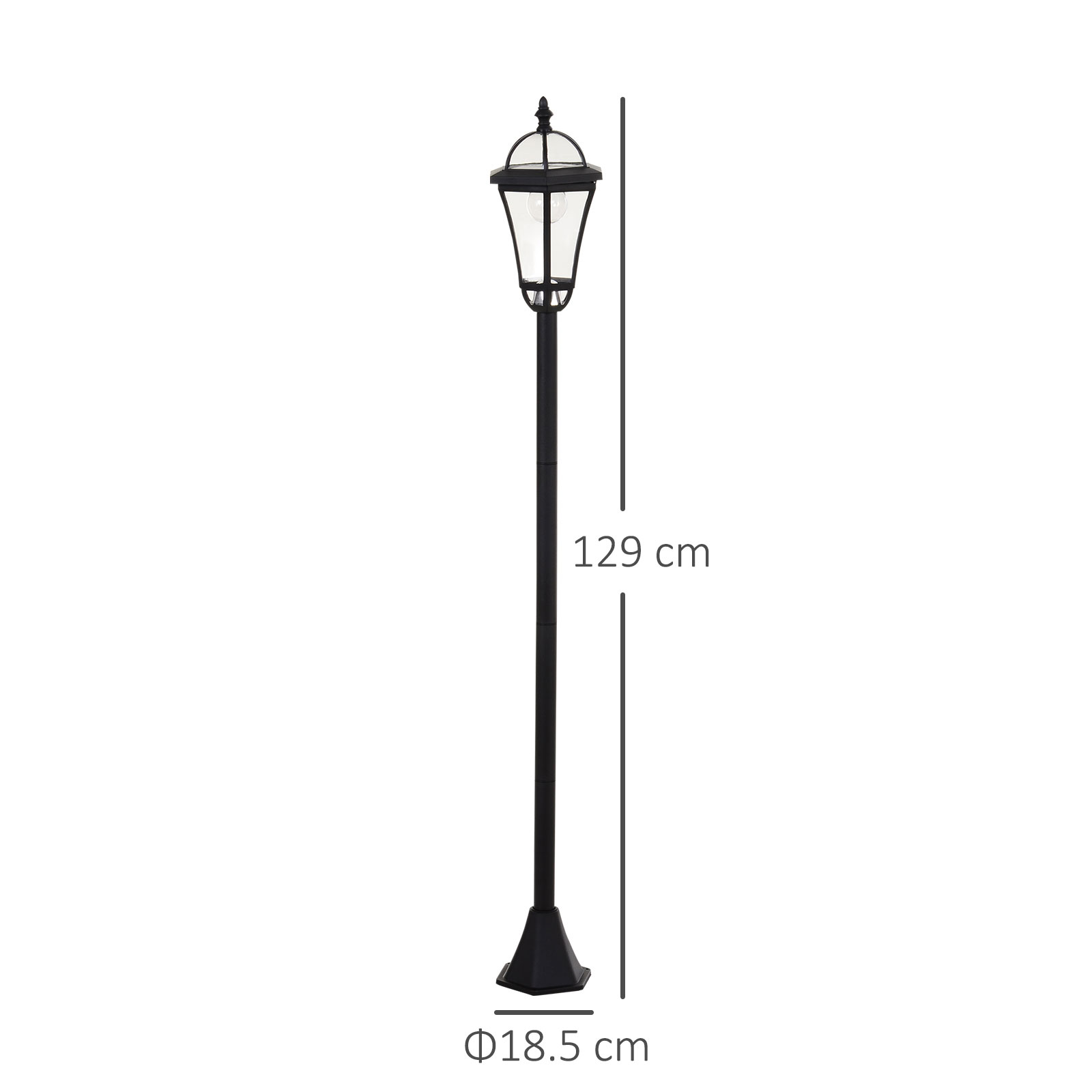 Eine schwarze Außenlaterne mit Glaslaterne, auf weißem Hintergrund. Die Lampe misst 129 cm.