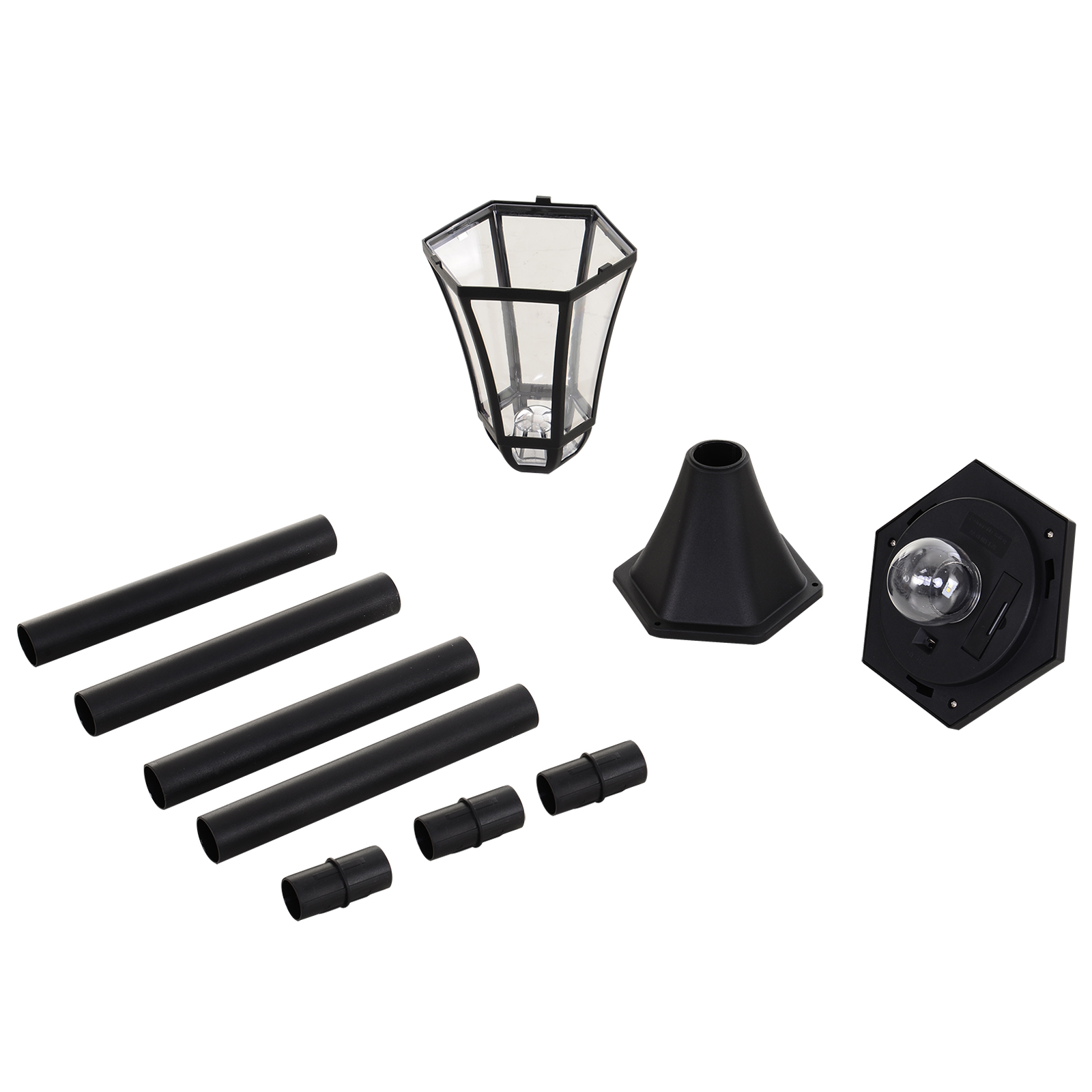 Parti di lampada solare da giardino, inclusi pali, lampada e base, isolati.
