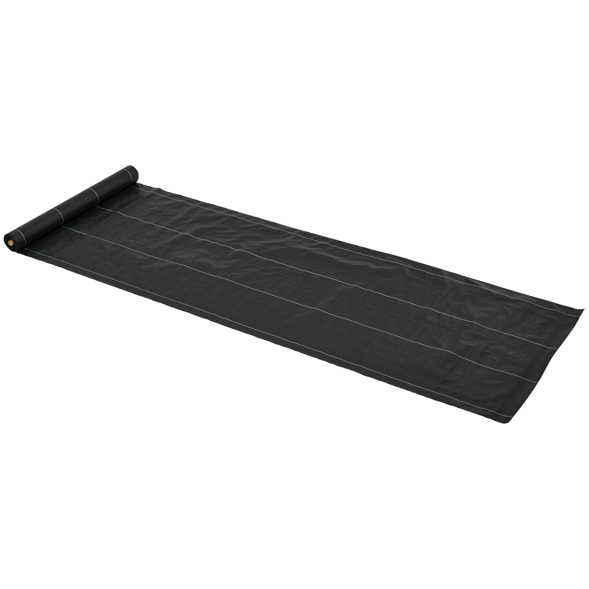Tessuto paesaggistico nero arrotolato. Linee verdi visibili.