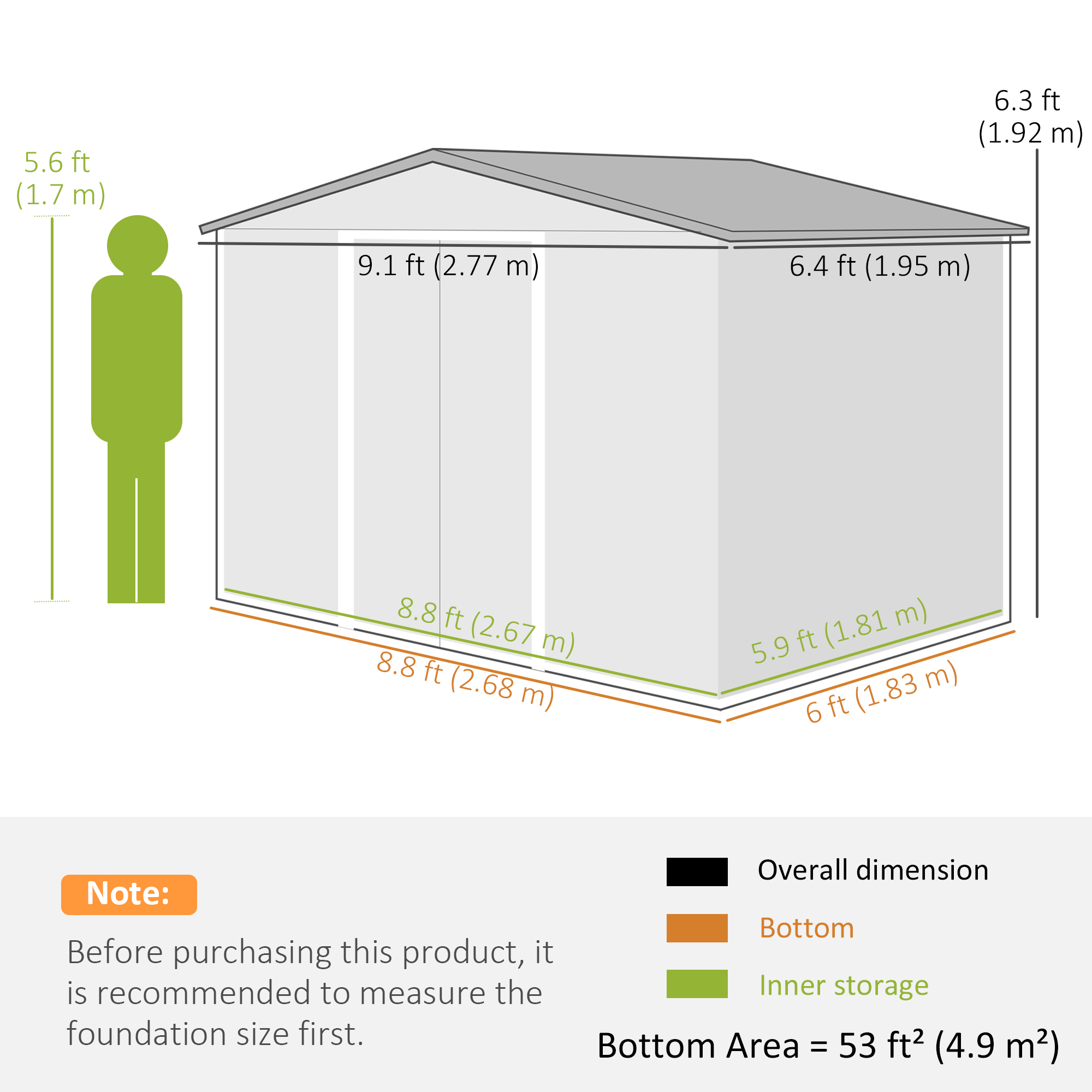 Un diagramma di un capannone con dimensioni e una persona. Il capannone è bianco con tetto grigio.