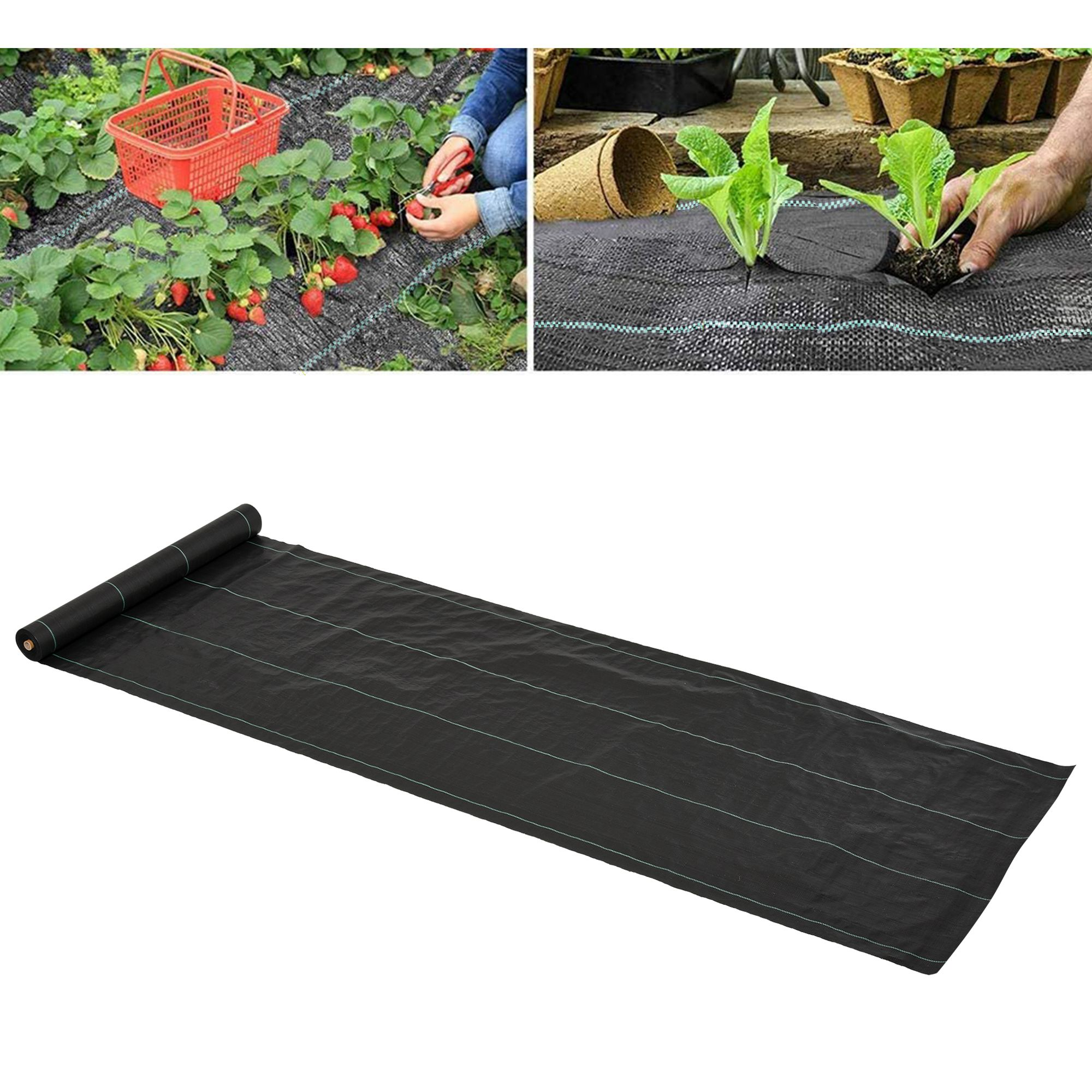 Immagini di tessuto nero per barriera antivegetativa con piante e attrezzi, e un rotolo.