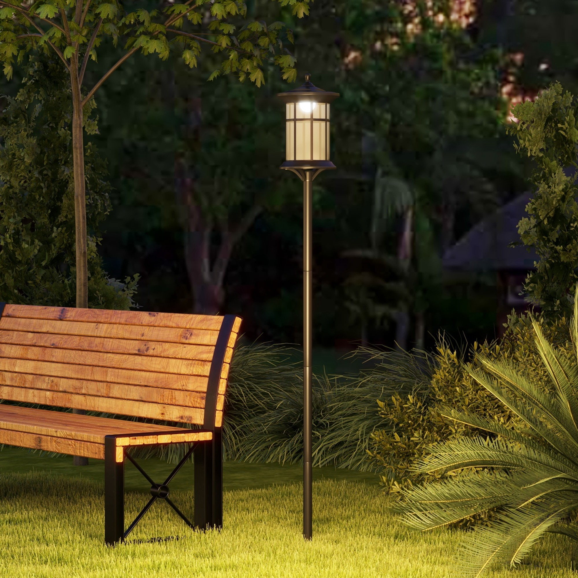 Un lampione in un giardino, con una panchina in legno e vegetazione. Alberi verde scuro sullo sfondo.