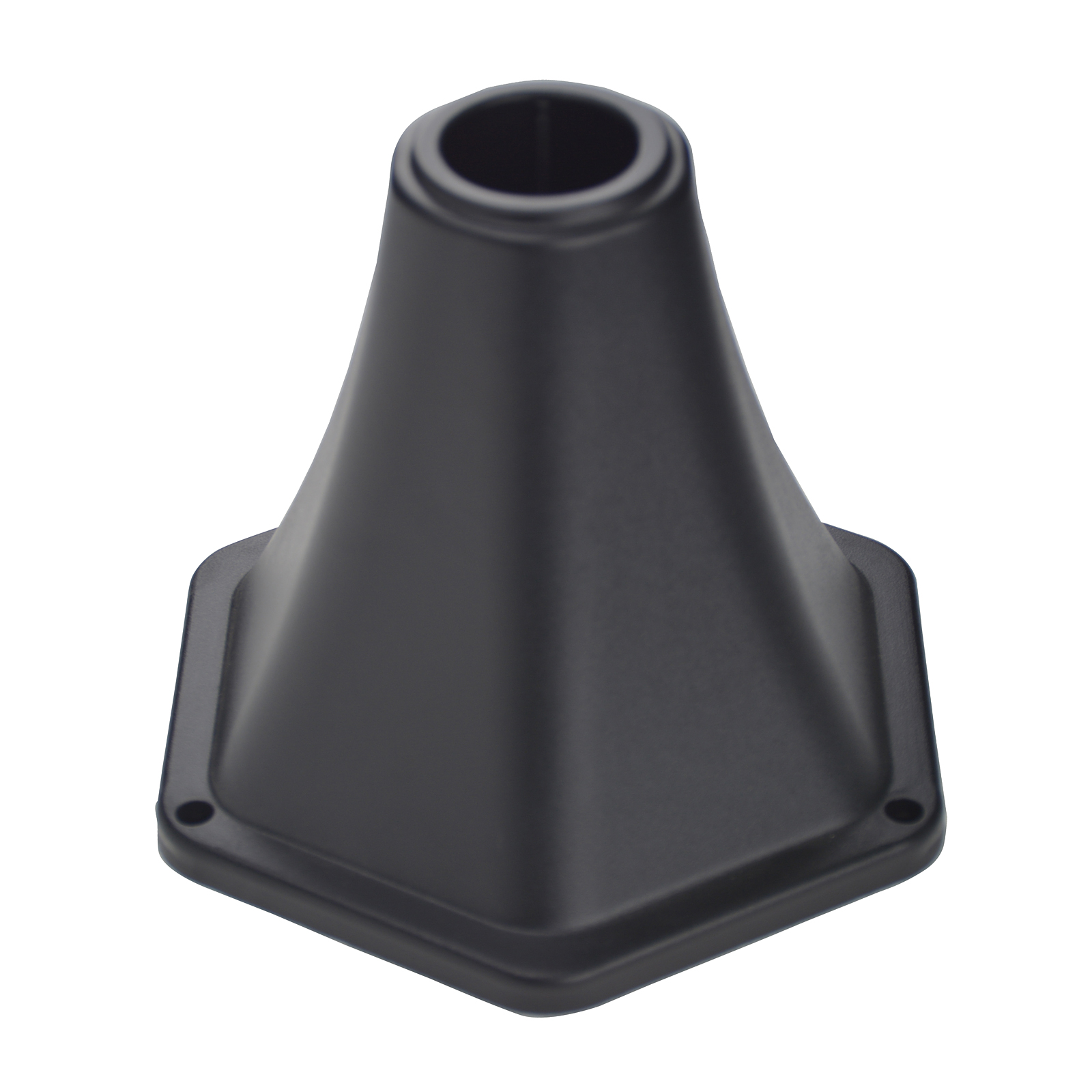 Altoparlante nero a forma di cono in plastica con base quadrata e apertura cilindrica centrale.
