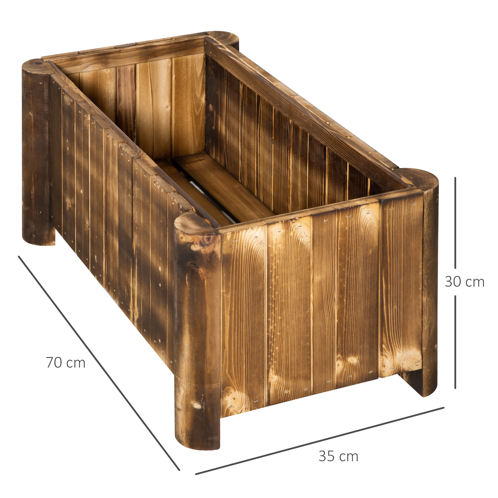 Una fioriera in legno con dimensioni. La fioriera è marrone e ha una forma rettangolare. Lo sfondo è bianco.