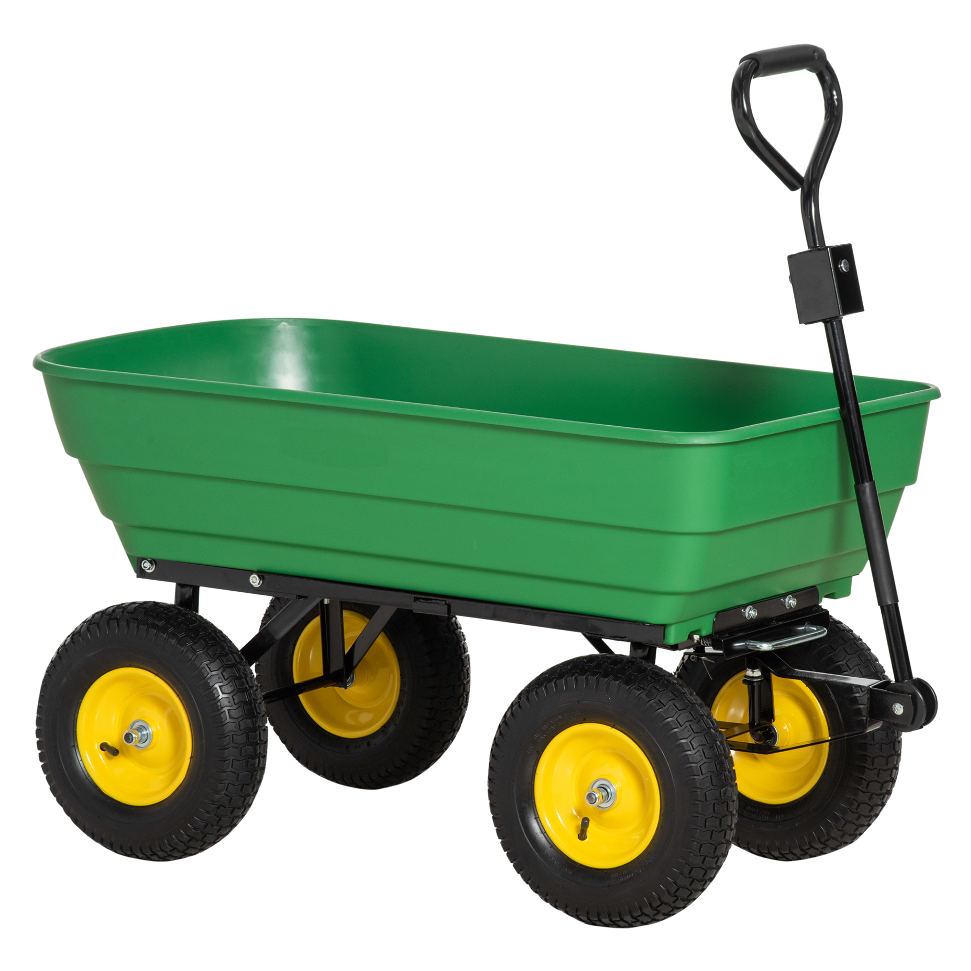 Carrello da giardino verde a quattro ruote. Telaio nero e ruote gialle. Il manico è nero.