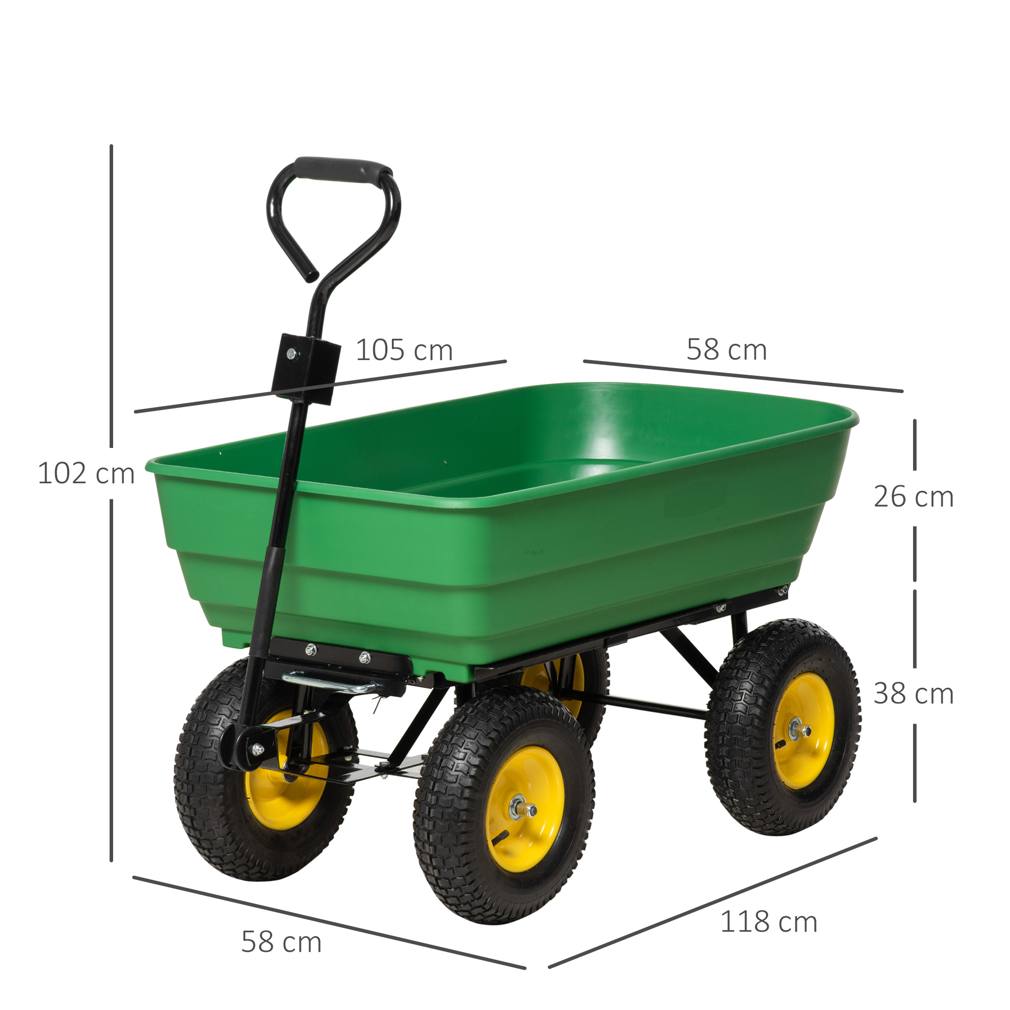 Carrello da giardino verde con ruote gialle, dimensioni etichettate.