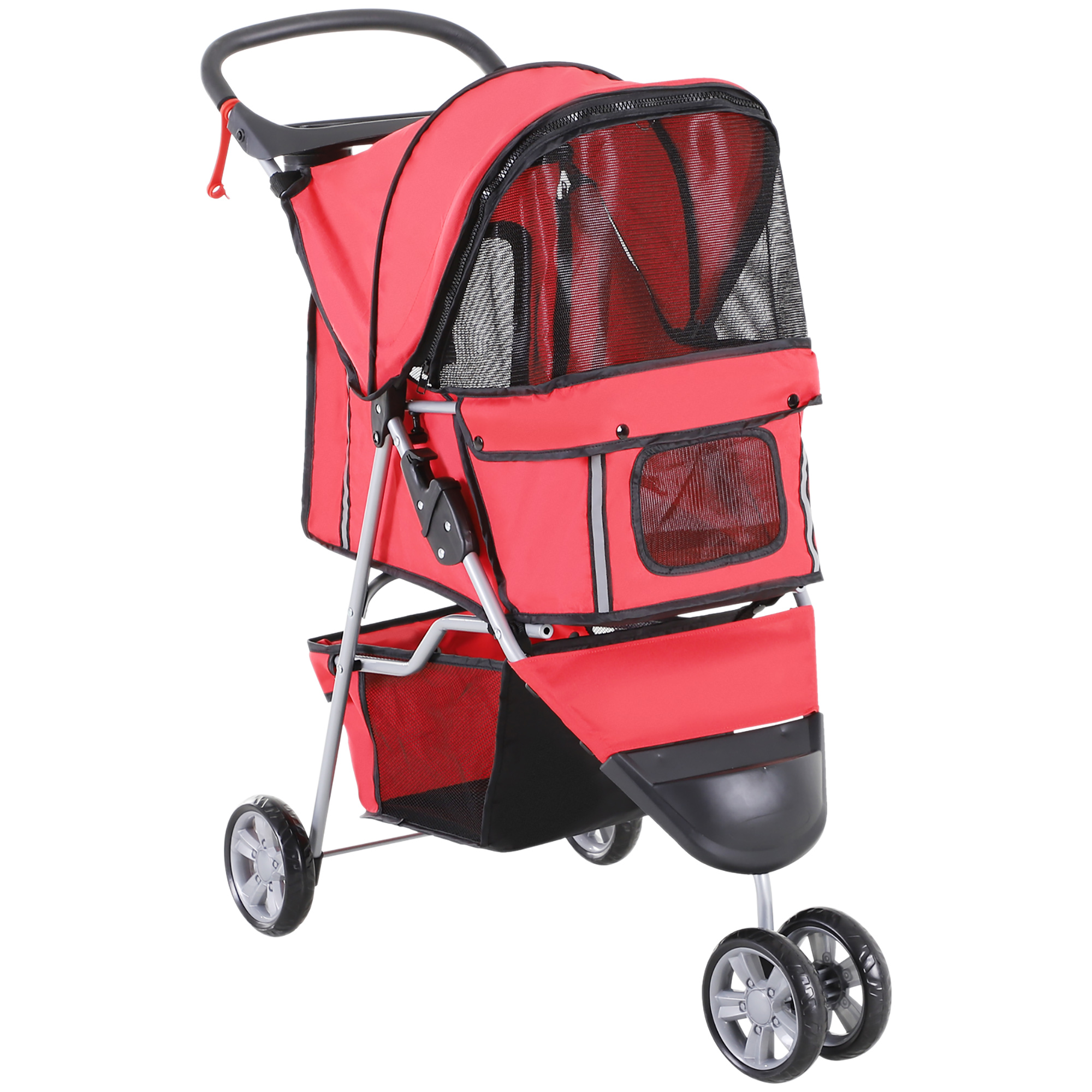 Passeggino rosso per animali domestici con finestre a rete nere. Ha quattro ruote e un manico. Telaio in metallo.