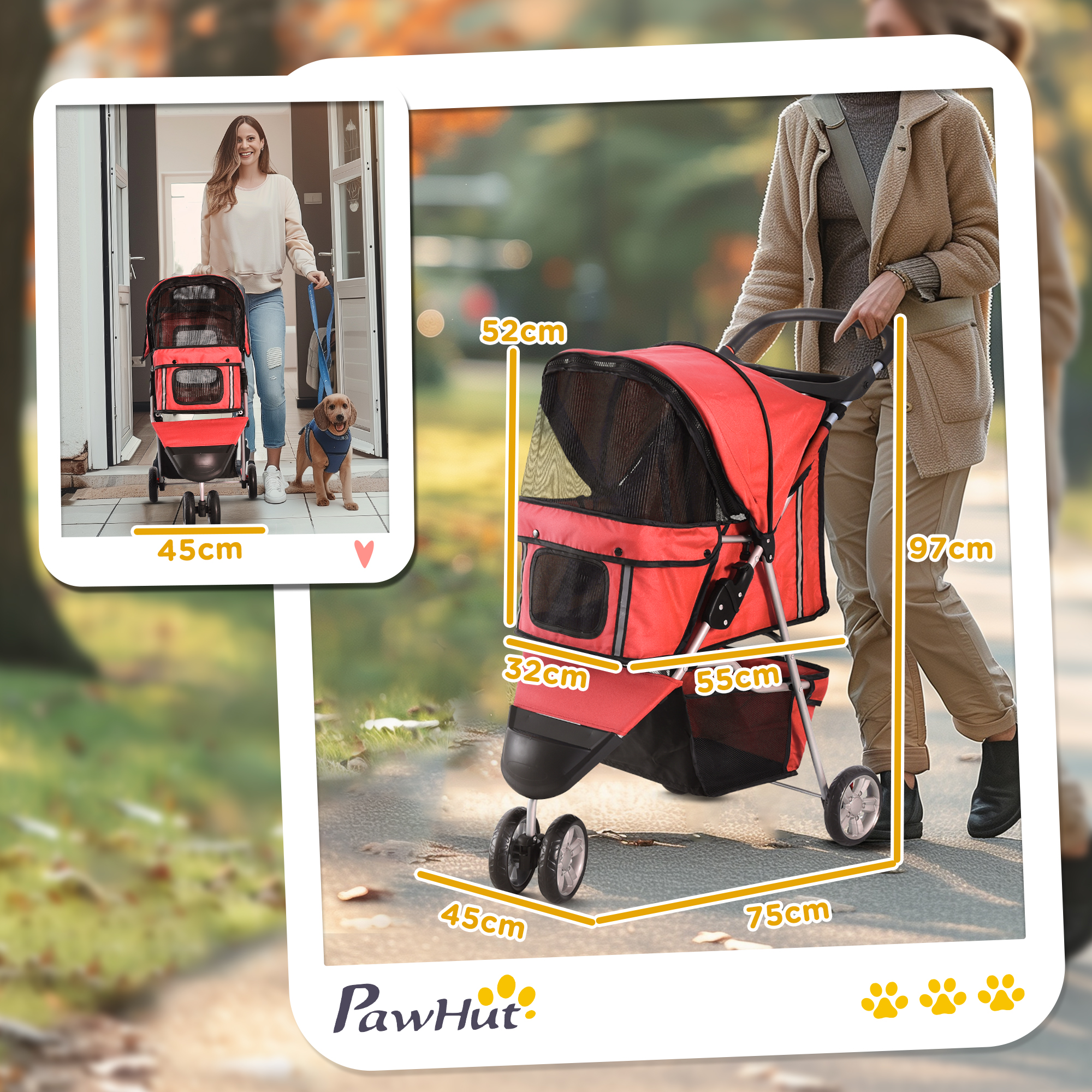 Passeggino rosso per animali domestici con donna e cane. Dimensioni indicate. Passaggio pavimentato.