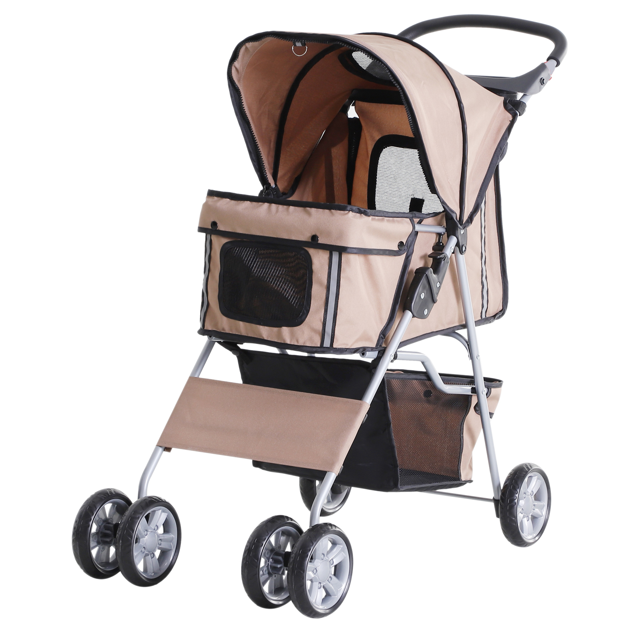 Passeggino beige per animali domestici con tettuccio e quattro ruote, su sfondo bianco.