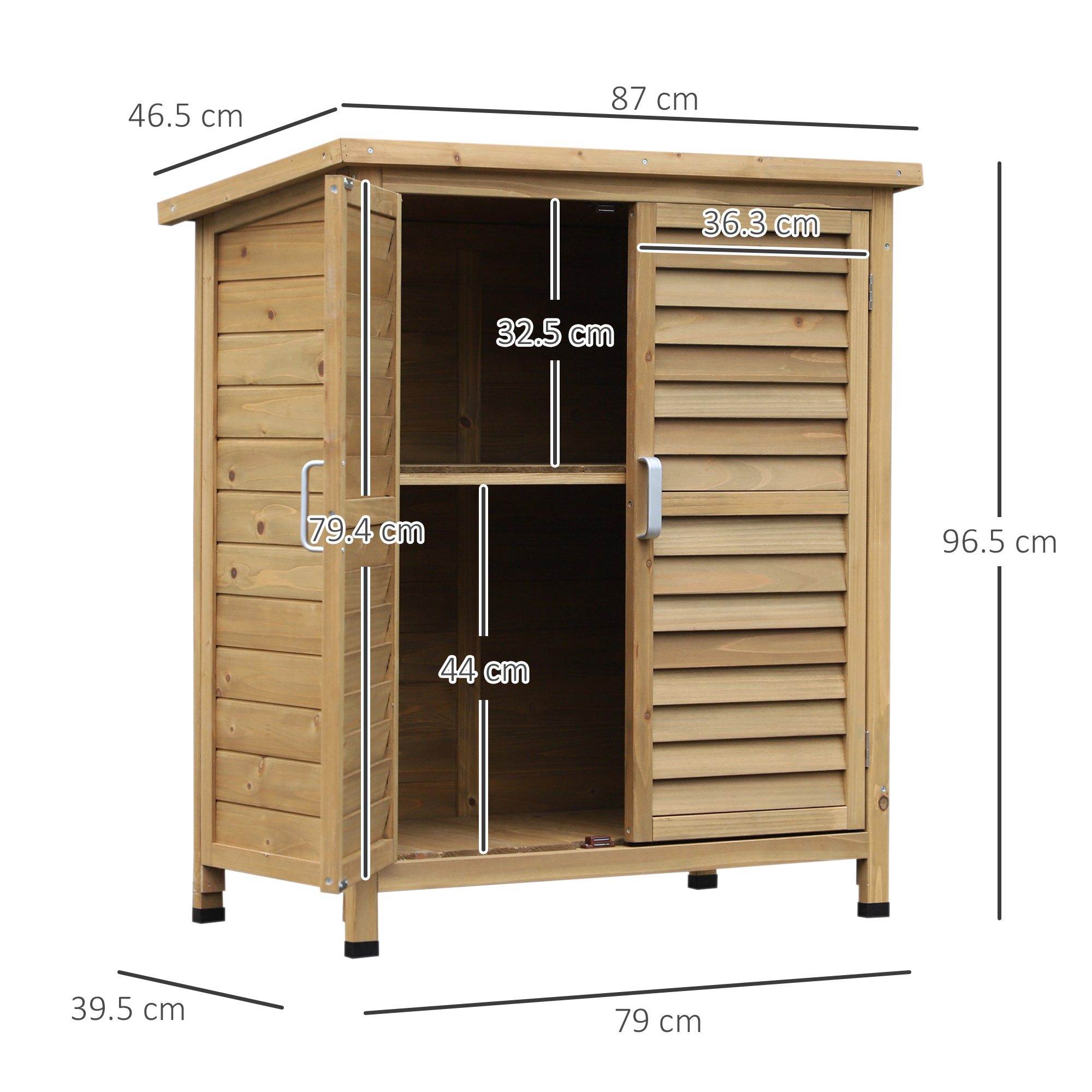 Mobile contenitore in legno con ante aperte e ripiani. Sono indicate le dimensioni.