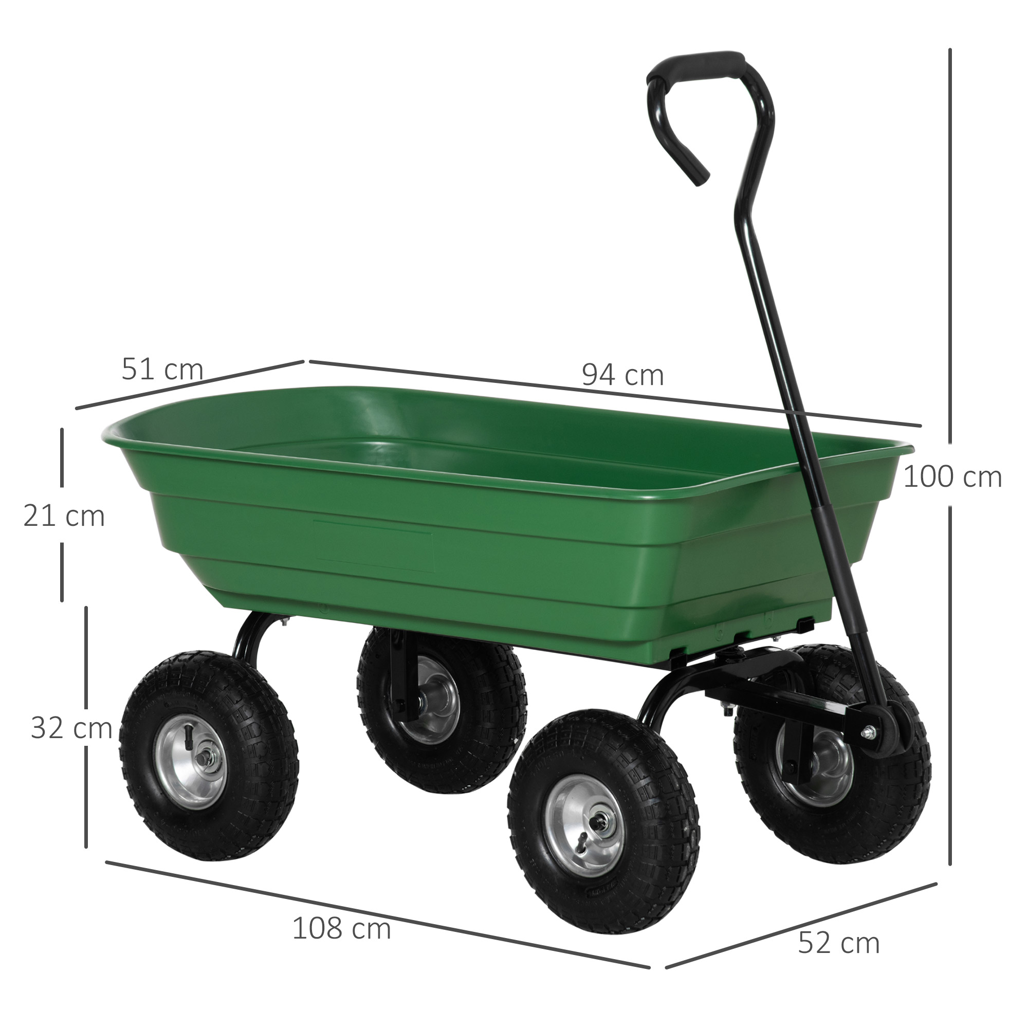 Carrello da giardino verde a quattro ruote. Telaio e maniglia neri. Pieno di attrezzi e piante.