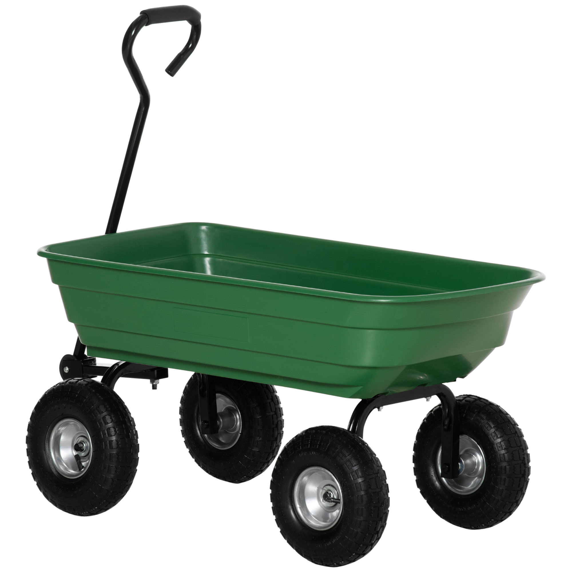 Carrello da giardino verde con telaio, ruote e manico neri, isolato su sfondo bianco.
