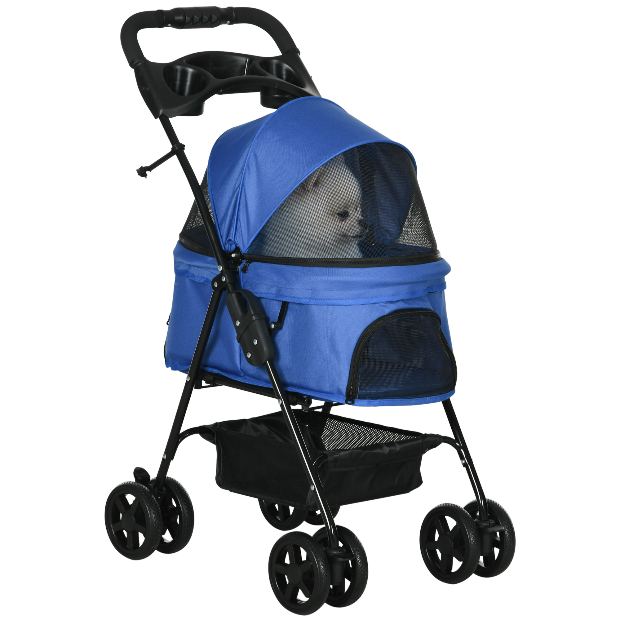 Passeggino blu per animali domestici con telaio nero, ruote e finestra a rete, con un cane dentro, isolato.