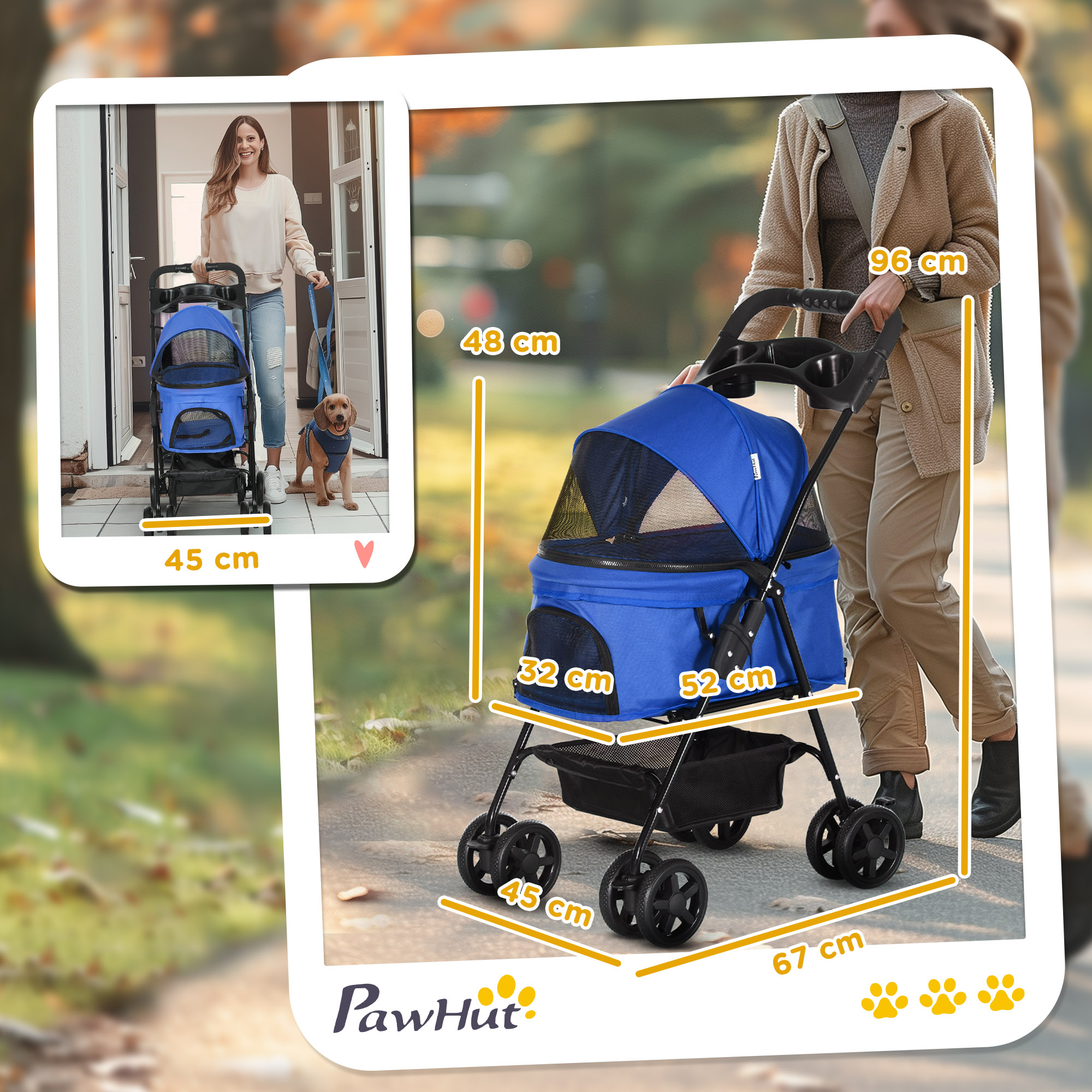 Passeggino blu per animali domestici con un cane. Una donna lo spinge. Le dimensioni sono indicate.