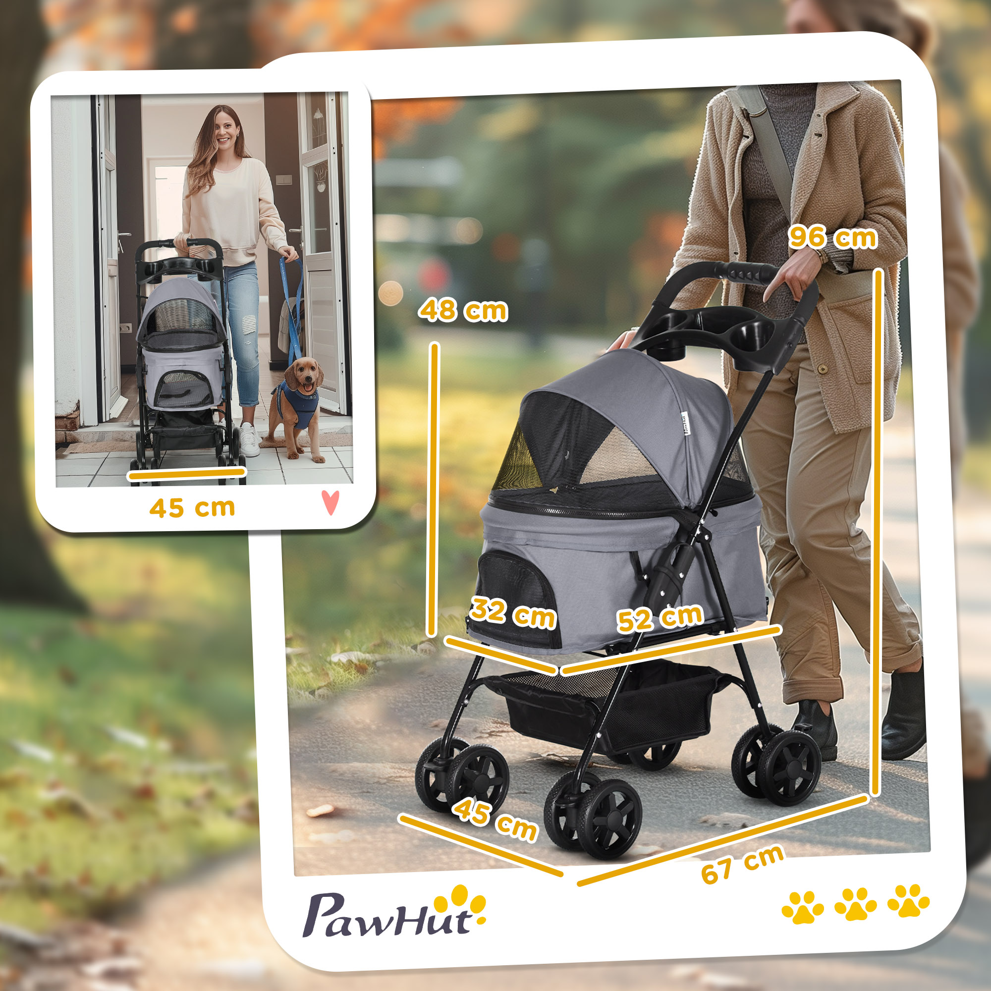 Donna che spinge un passeggino per animali con un cane. Le dimensioni sono indicate. Un cane è presente.