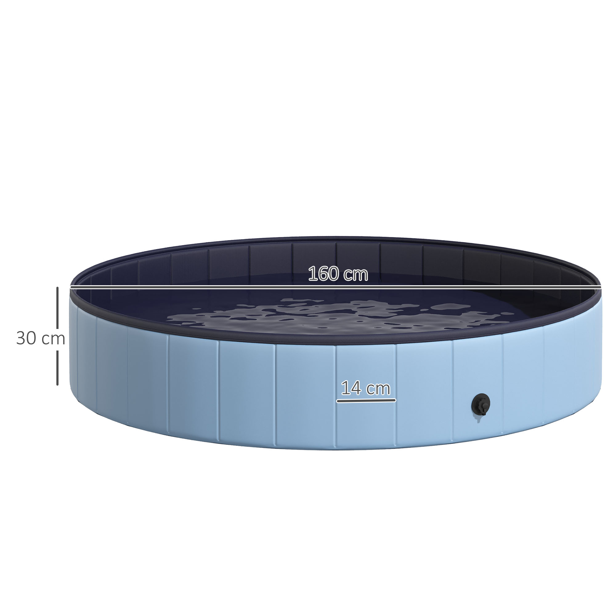 Piscina fuori terra blu con dimensioni. La piscina è rotonda e ha un interno blu scuro.