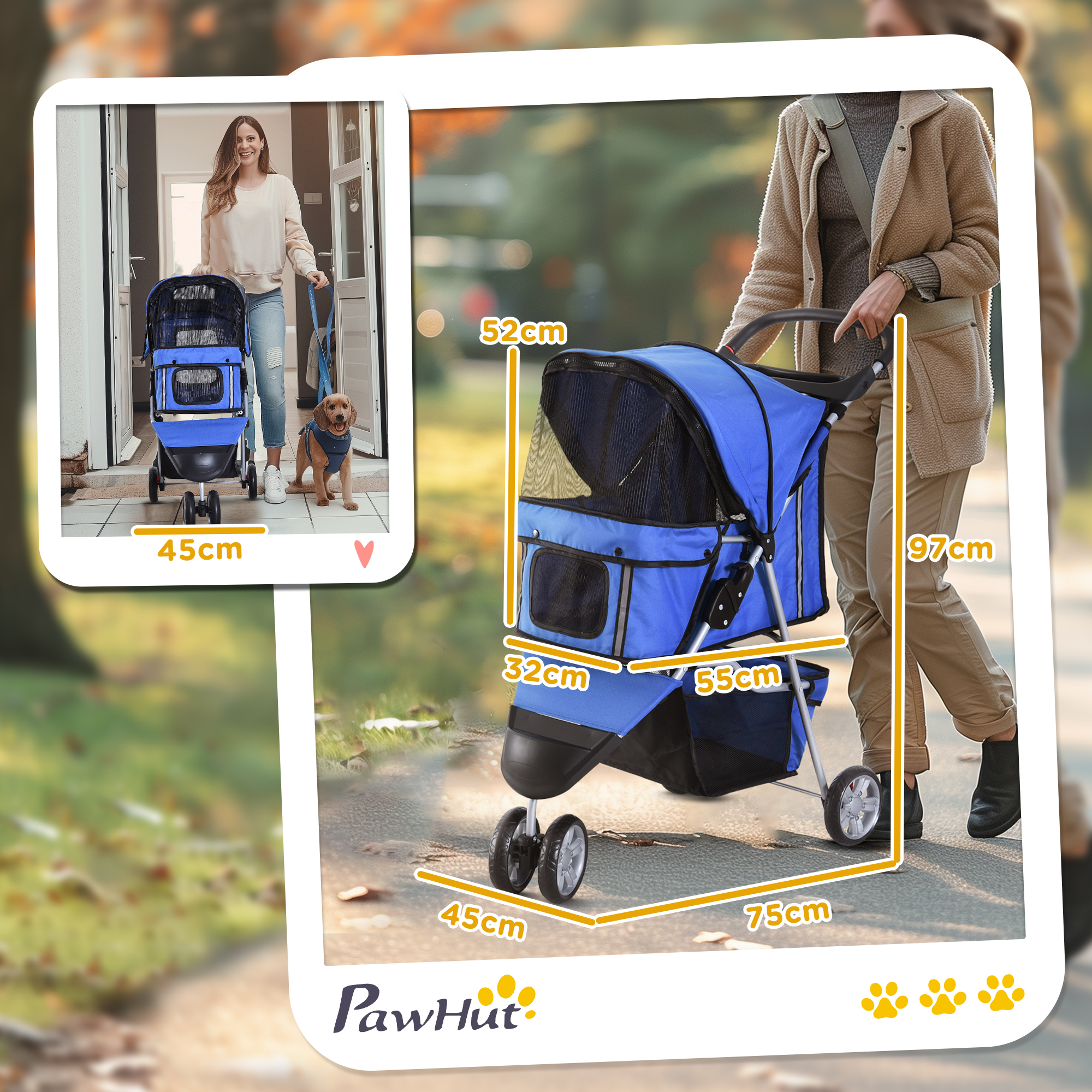 Una donna e un cane in un passeggino per animali. Le dimensioni sono mostrate. È blu con dettagli neri.