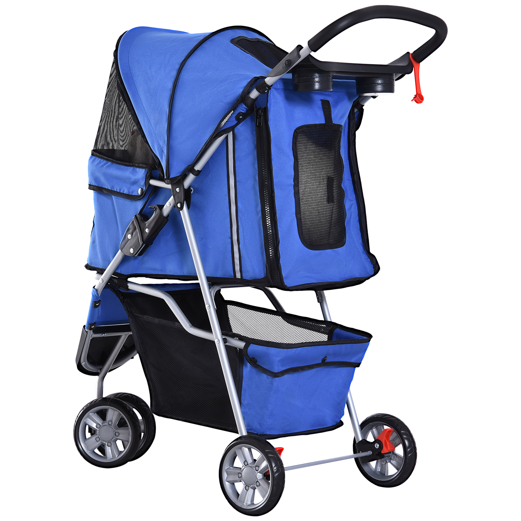 Passeggino blu per cani con cestino in rete nero e vassoio nero sopra. Sfondo bianco.