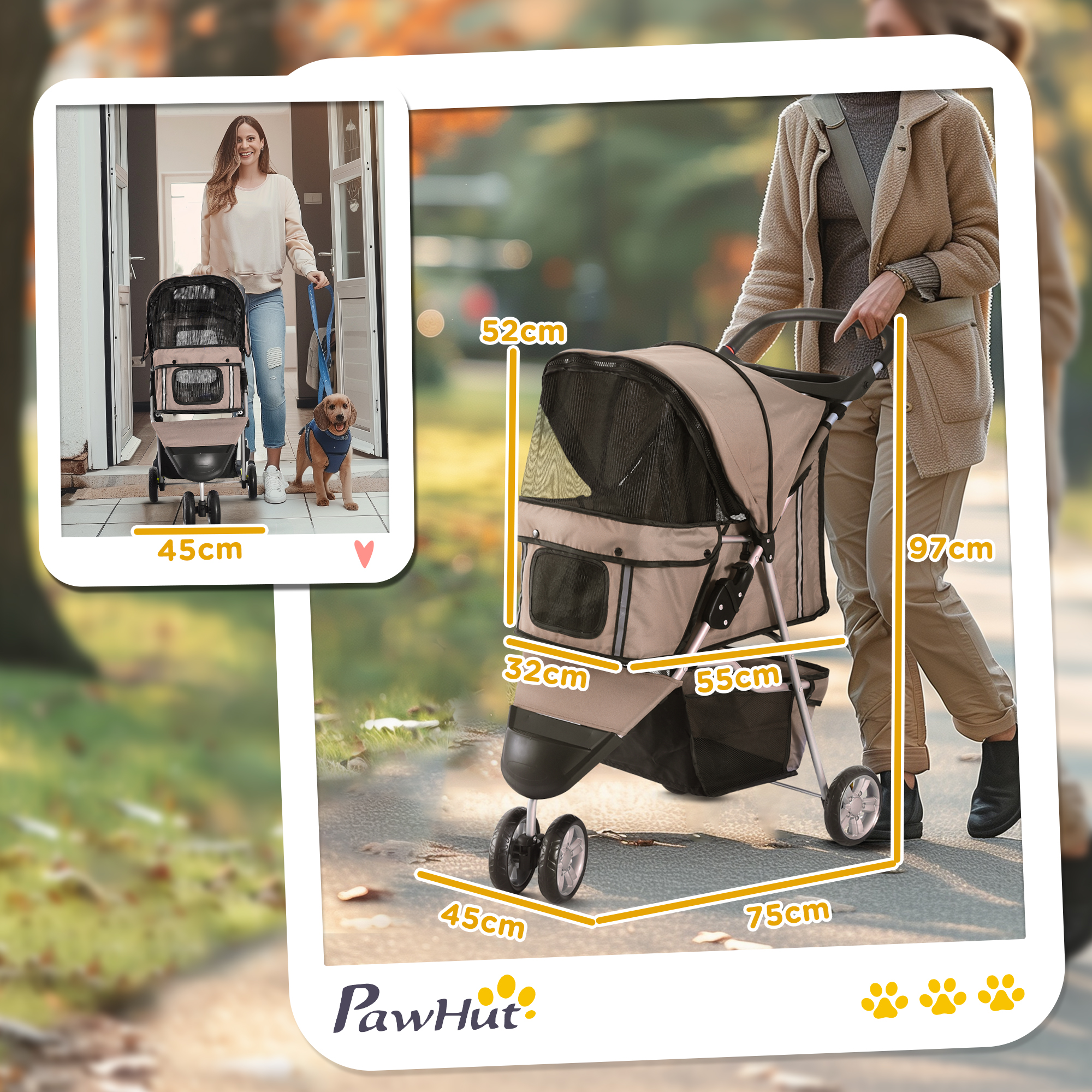 Donna che cammina con un passeggino beige per animali. Dimensioni e un cane nell'immagine.