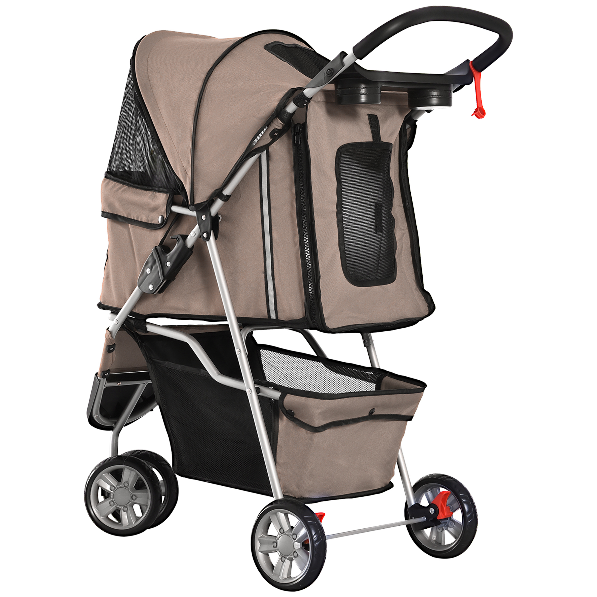 Passeggino beige per animali domestici con un'intelaiatura a rete e un cestino portaoggetti inferiore. Quattro ruote sono visibili.