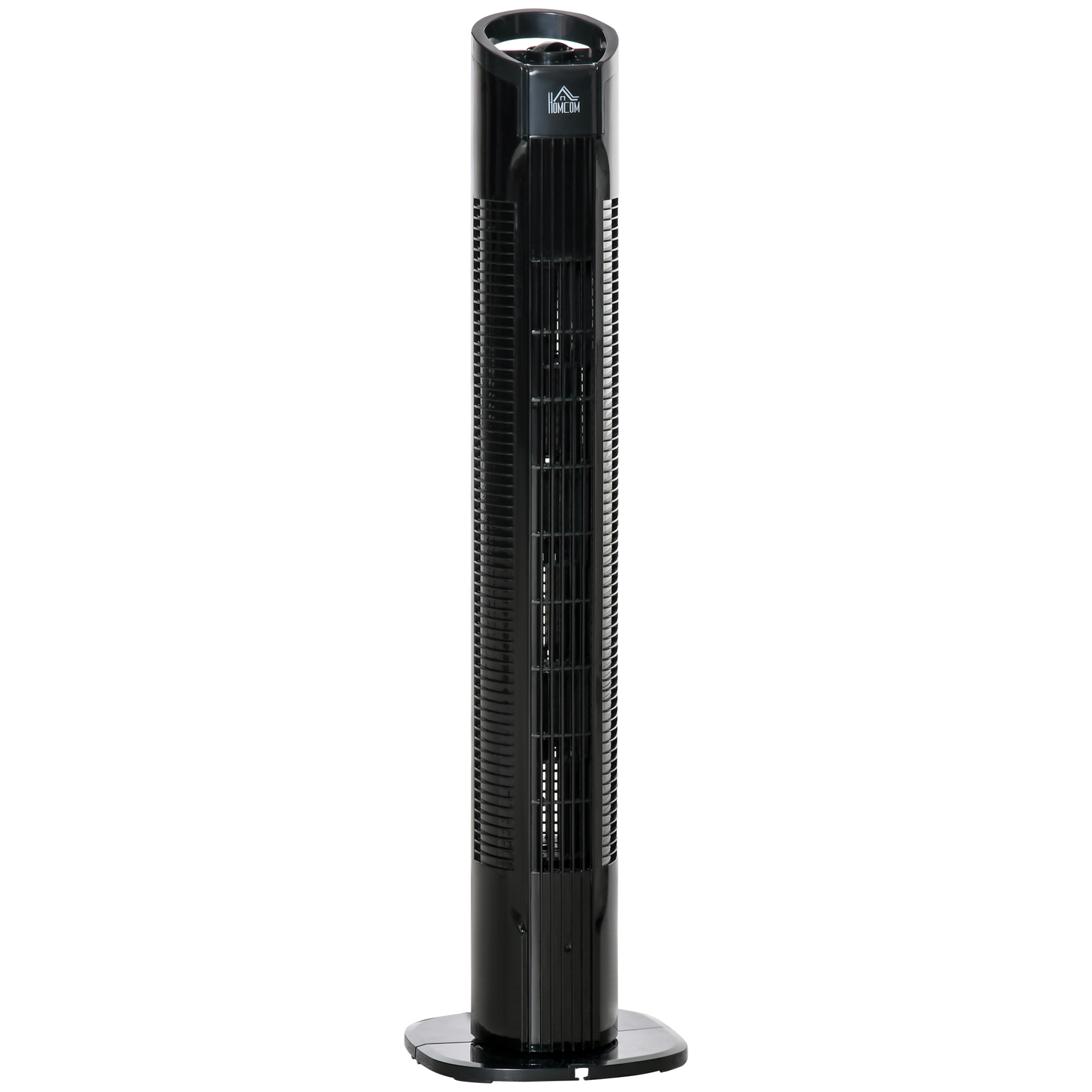 Ventilatore a torre nero. La ventola ha un design liscio e una base nera. Isolato su sfondo bianco.