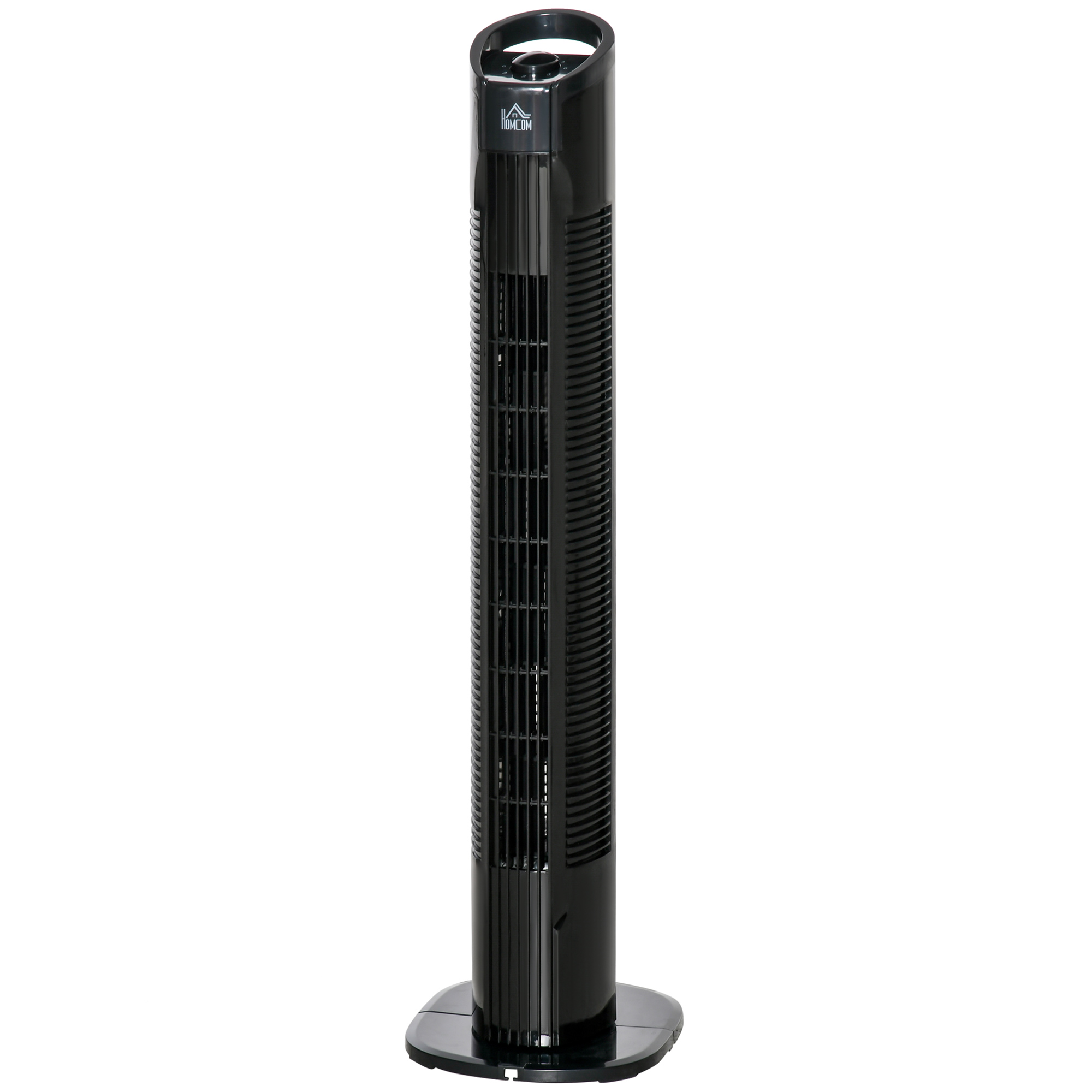 Ventilatore a torre nero su sfondo bianco. Ha base rotonda e ventilazione verticale.
