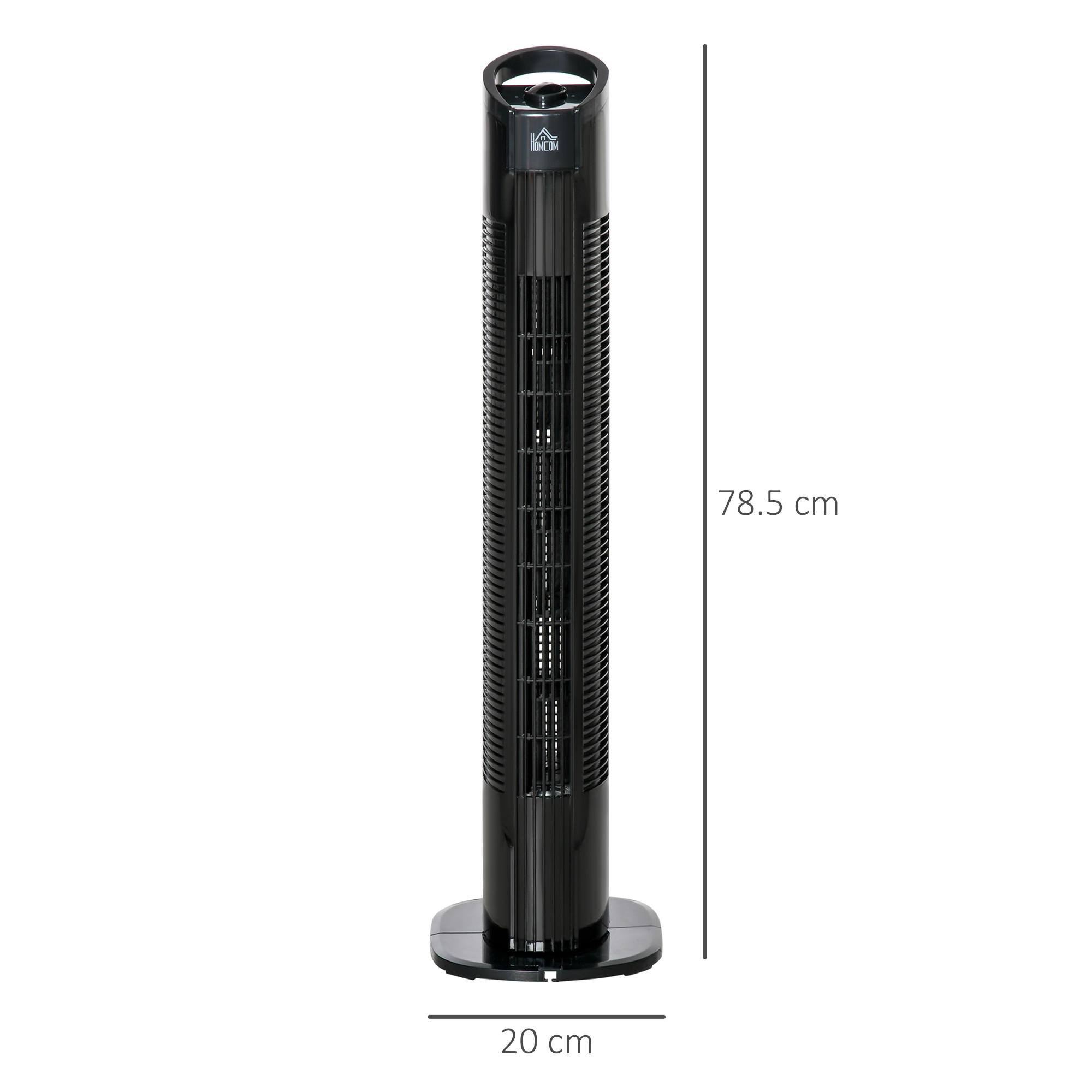Ventilatore a torre nero con una misurazione dell'altezza di 78,5 cm.